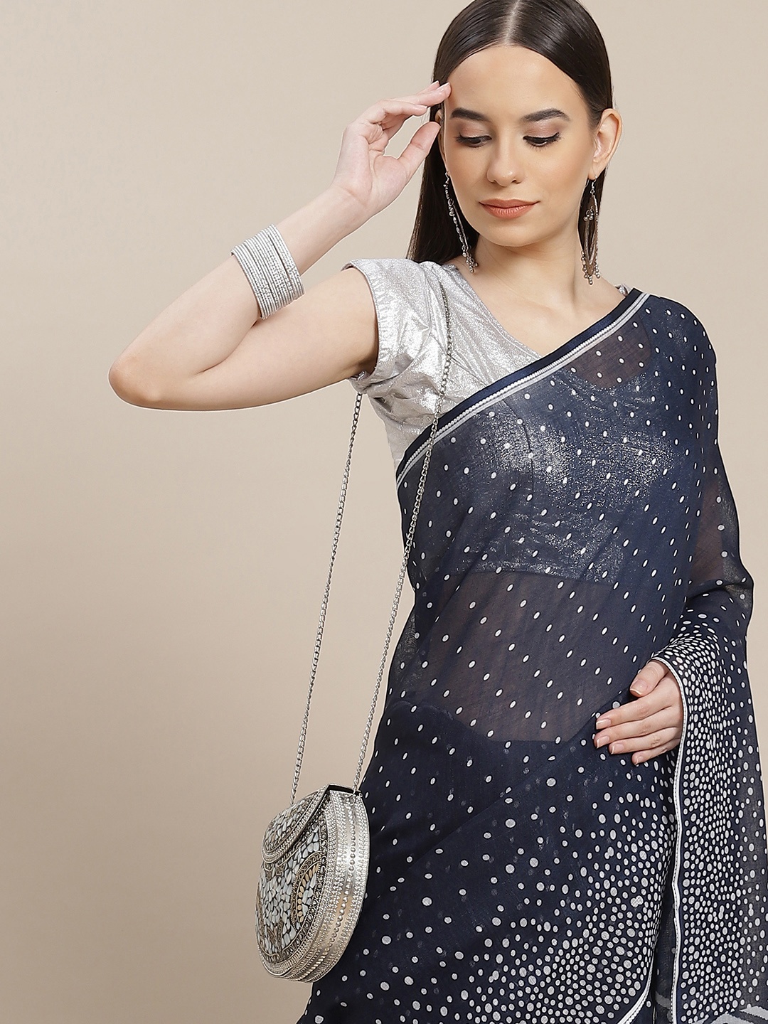 

Anouk Navy Blue & White Dotted Print Saree