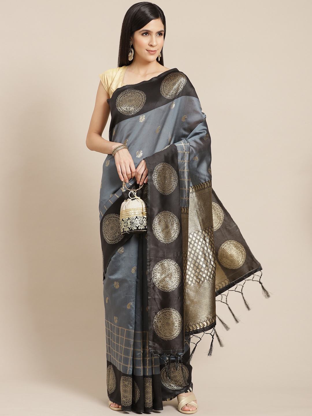 

Anouk Grey & Golden Paisley Woven Design Banarasi Saree