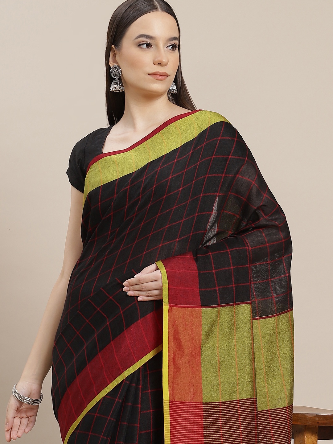 

Anouk Black & Red Checked Saree