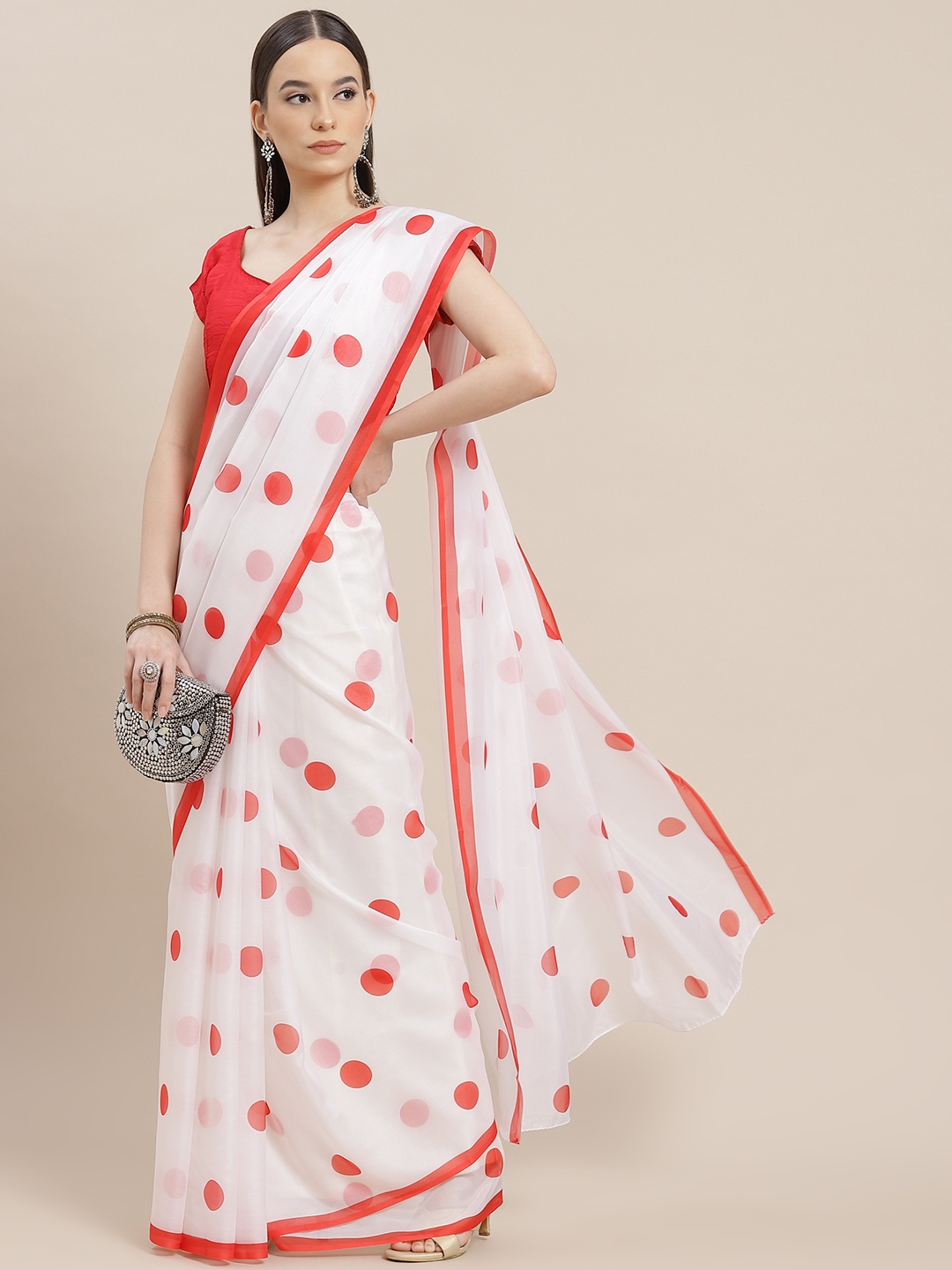 

Anouk White & Red Polka Dot Printed Saree