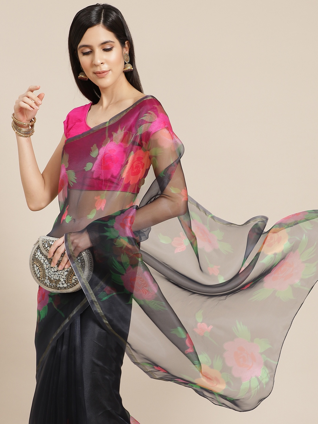 

Anouk Black & Pink Floral Printed Organza Saree