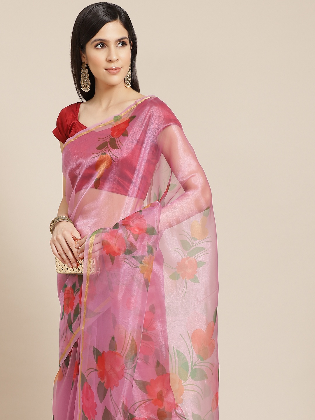 

Anouk Pink & Green Floral Printed Organza Saree