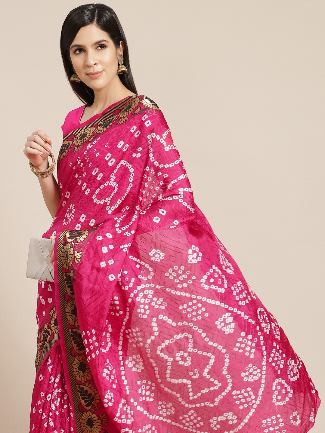 

Anouk Pink & White Bandhani Printed Saree