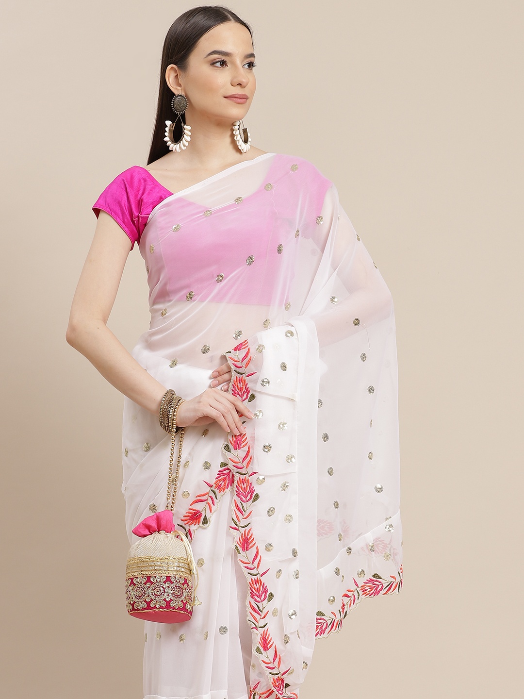 

Anouk White & Pink Embellished Saree