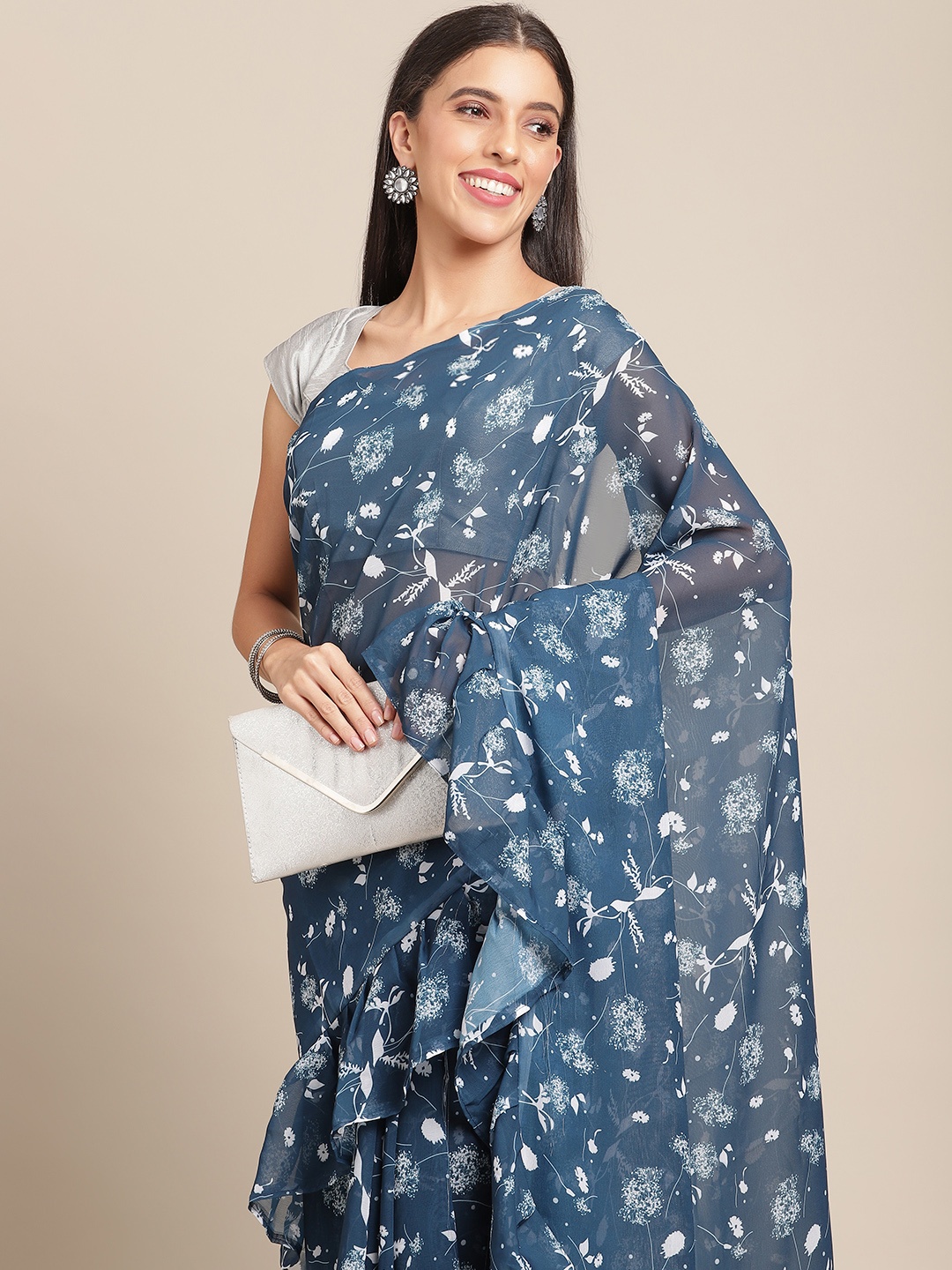 

Anouk Navy Blue & White Floral Print Ruffled Georgette Saree