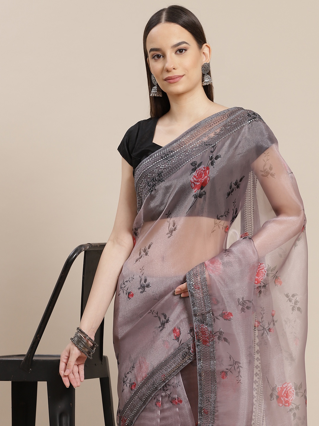 

Anouk Grey & Red Floral Printed Organza Saree