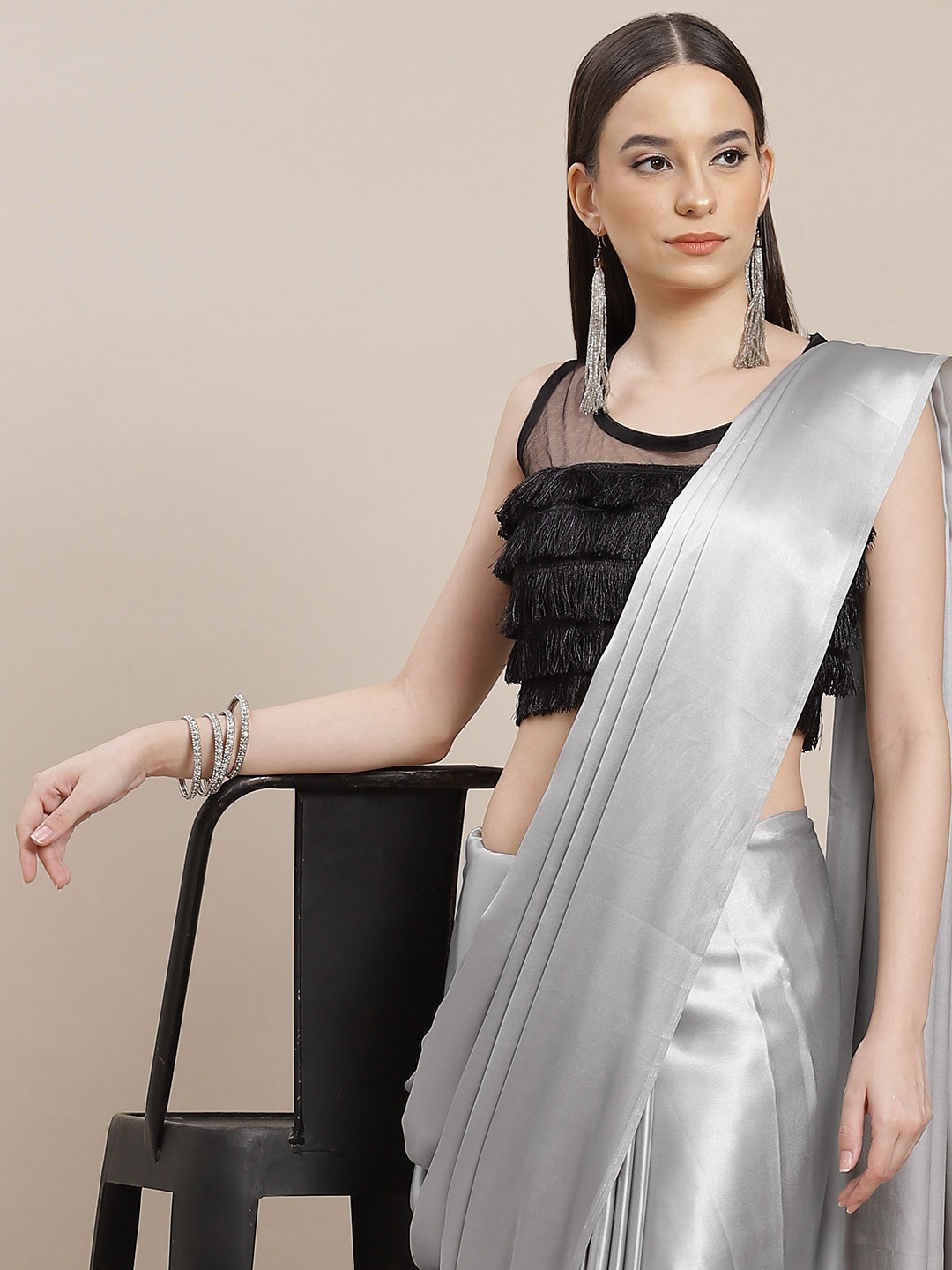 

Anouk Grey Solid Satin Saree