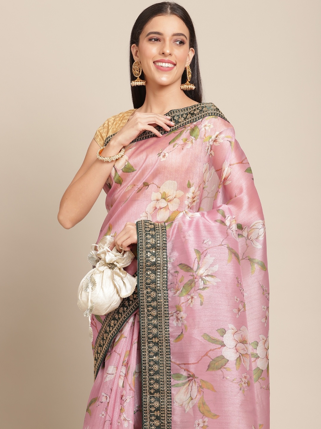 

Anouk Pink & Green Floral Print Organza Saree