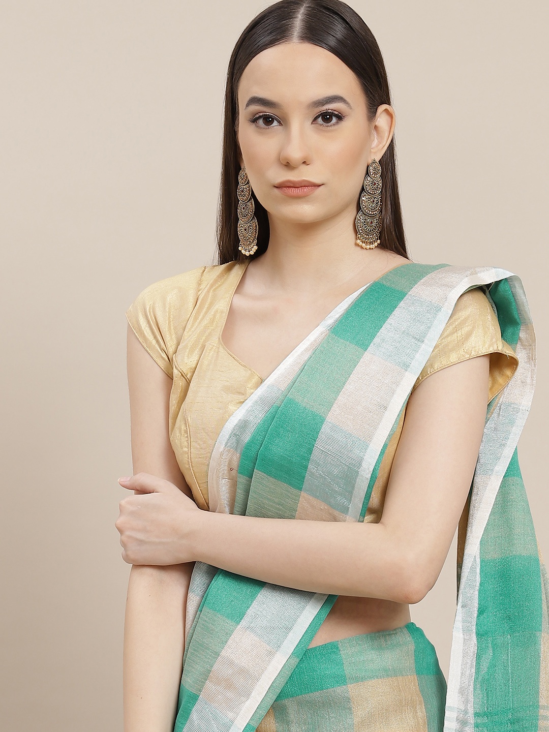 

Anouk Green & Beige Checked Saree