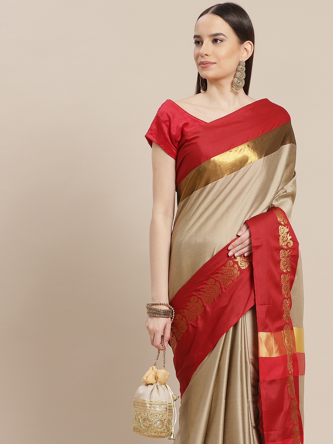 

Anouk Women Beige & Red Woven Design Banarasi Saree