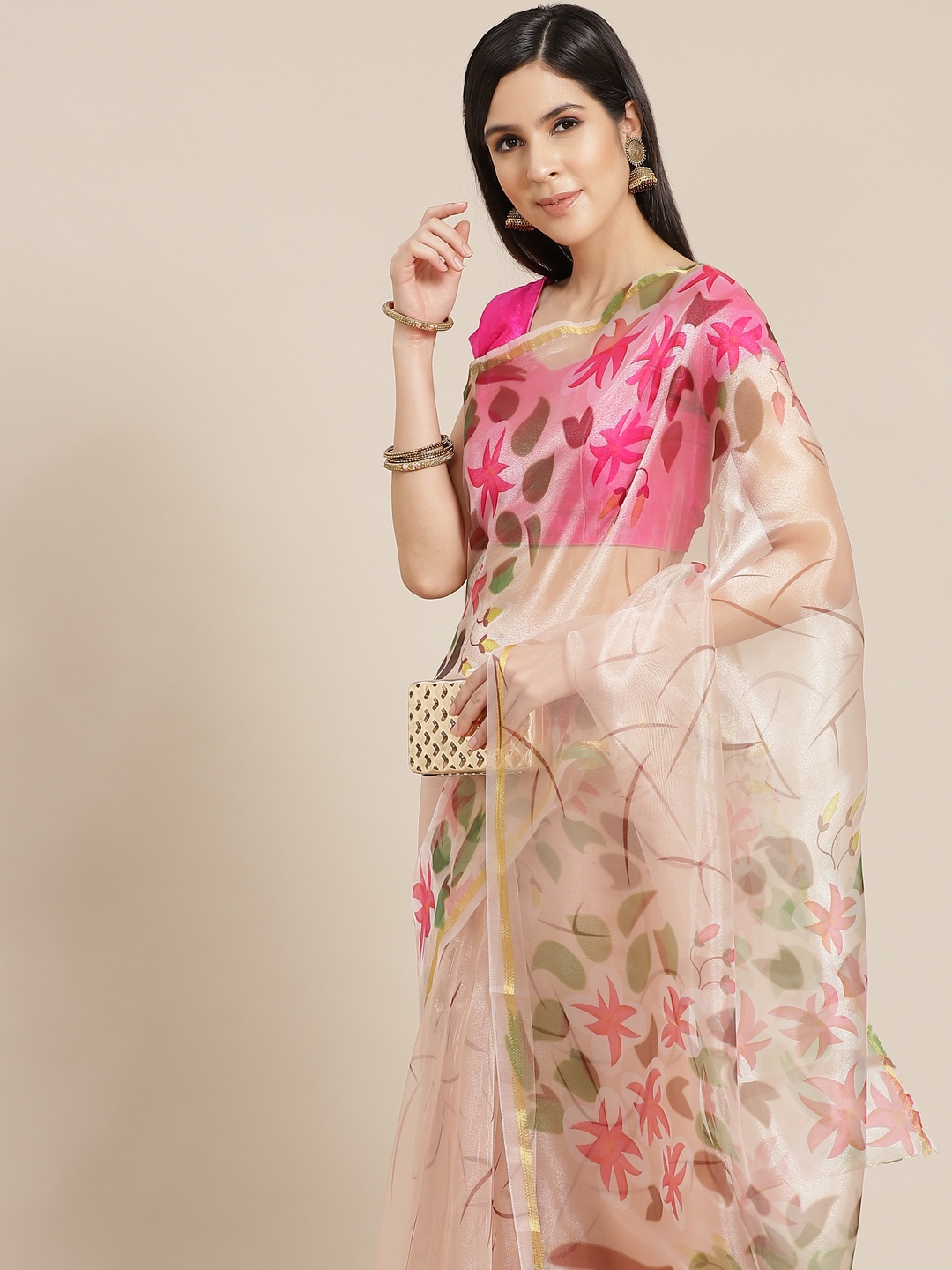 

Anouk Peach-Coloured & Pink Floral Print Organza Saree
