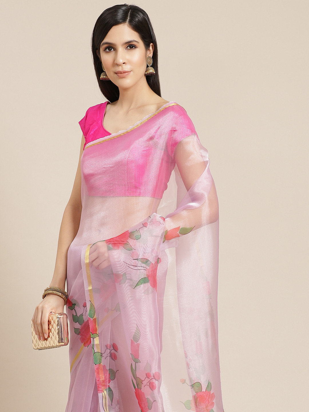 

Anouk Pink & Green Floral Printed Organza Saree