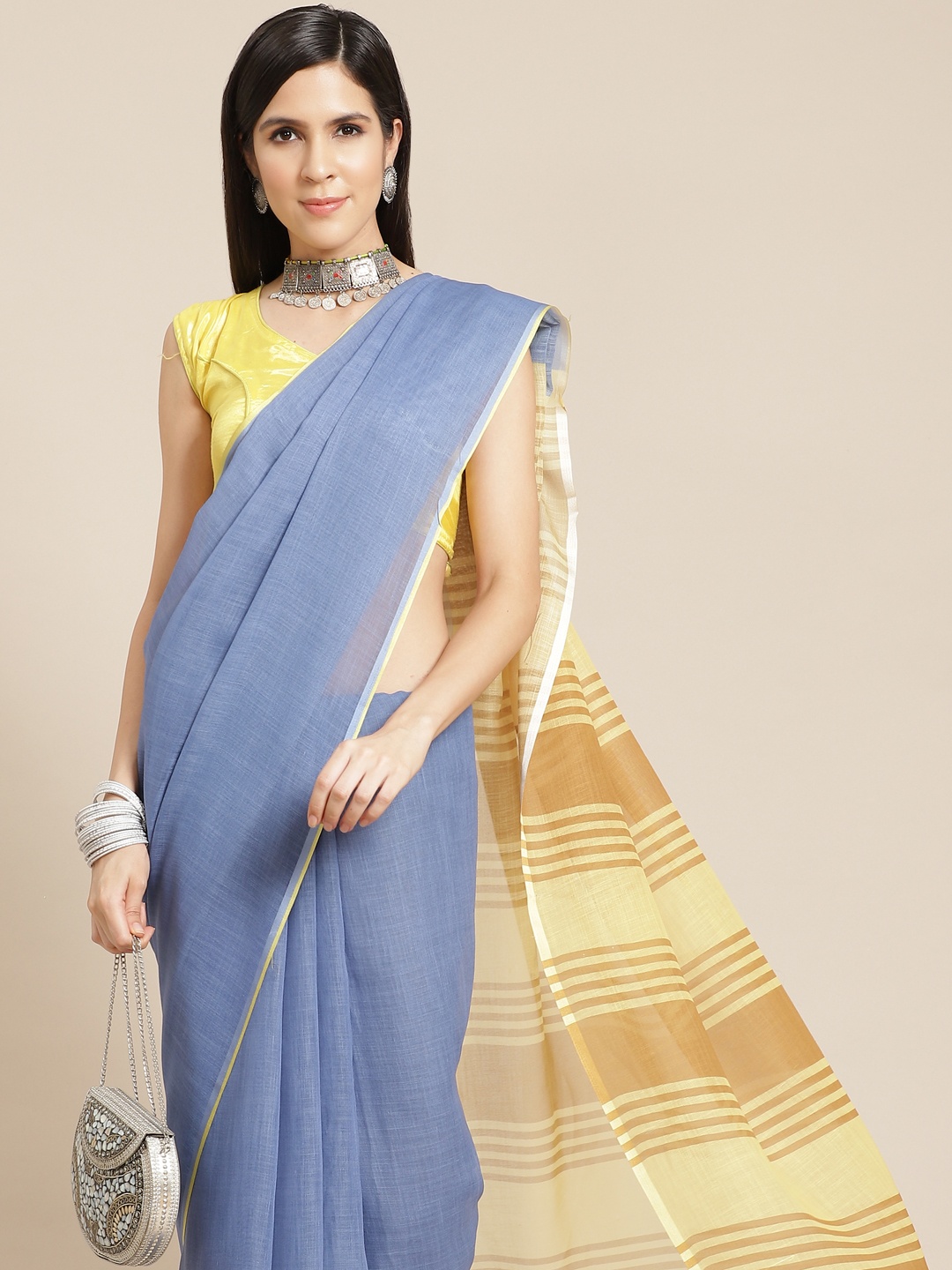 

Anouk Blue & Mustard Yellow Striped Saree