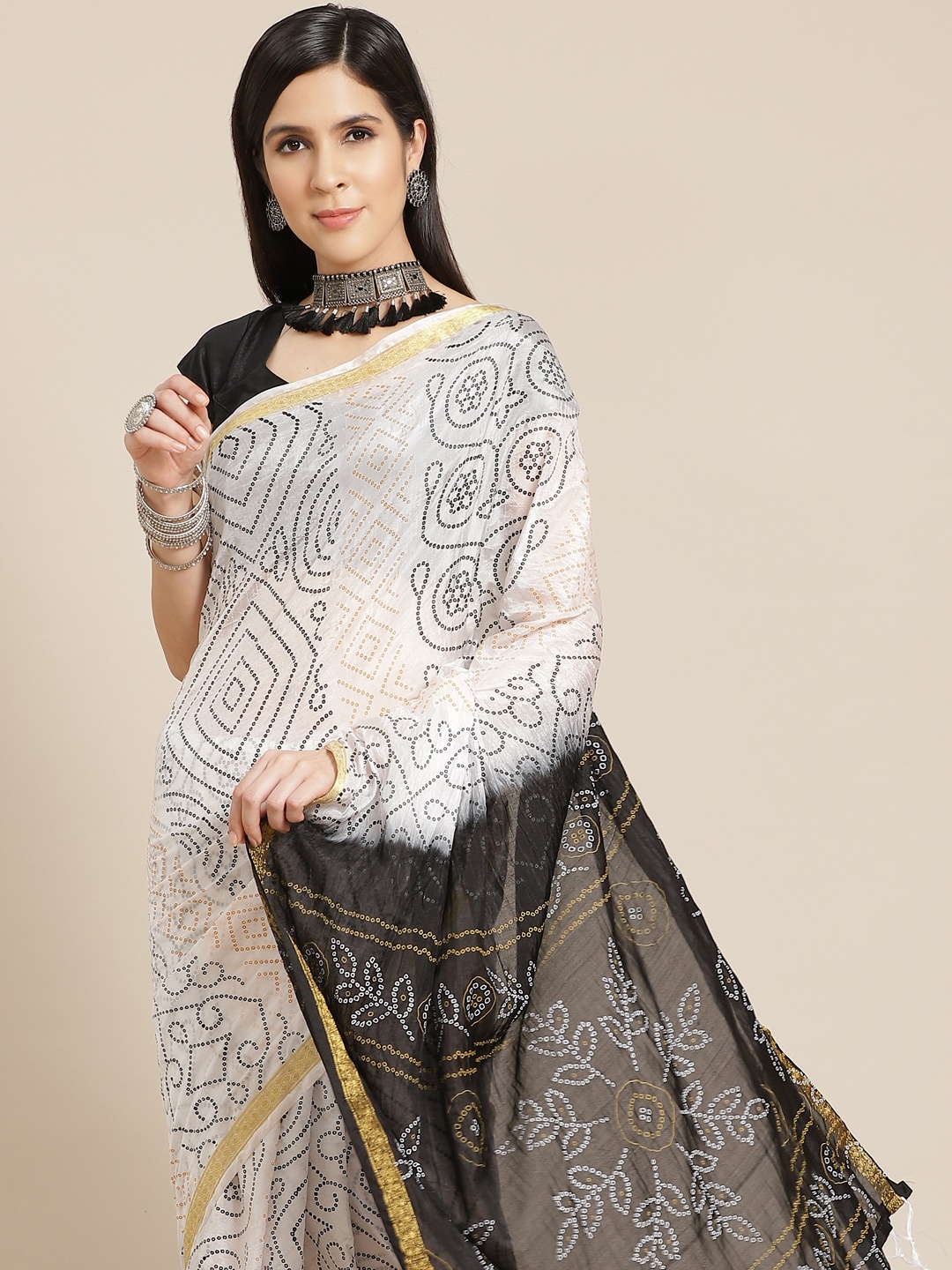 

Anouk White & Black Bandhani Printed Saree