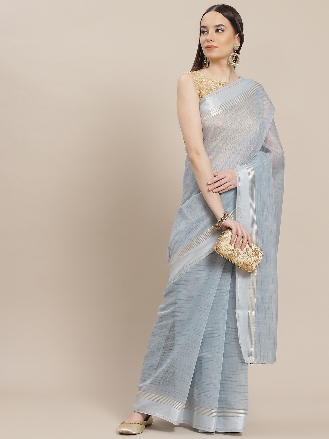 

Anouk Blue Solid Chanderi Saree