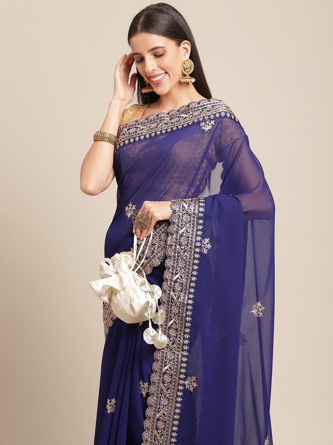 

Anouk Navy Blue & Golden Woven Design Georgette Saree