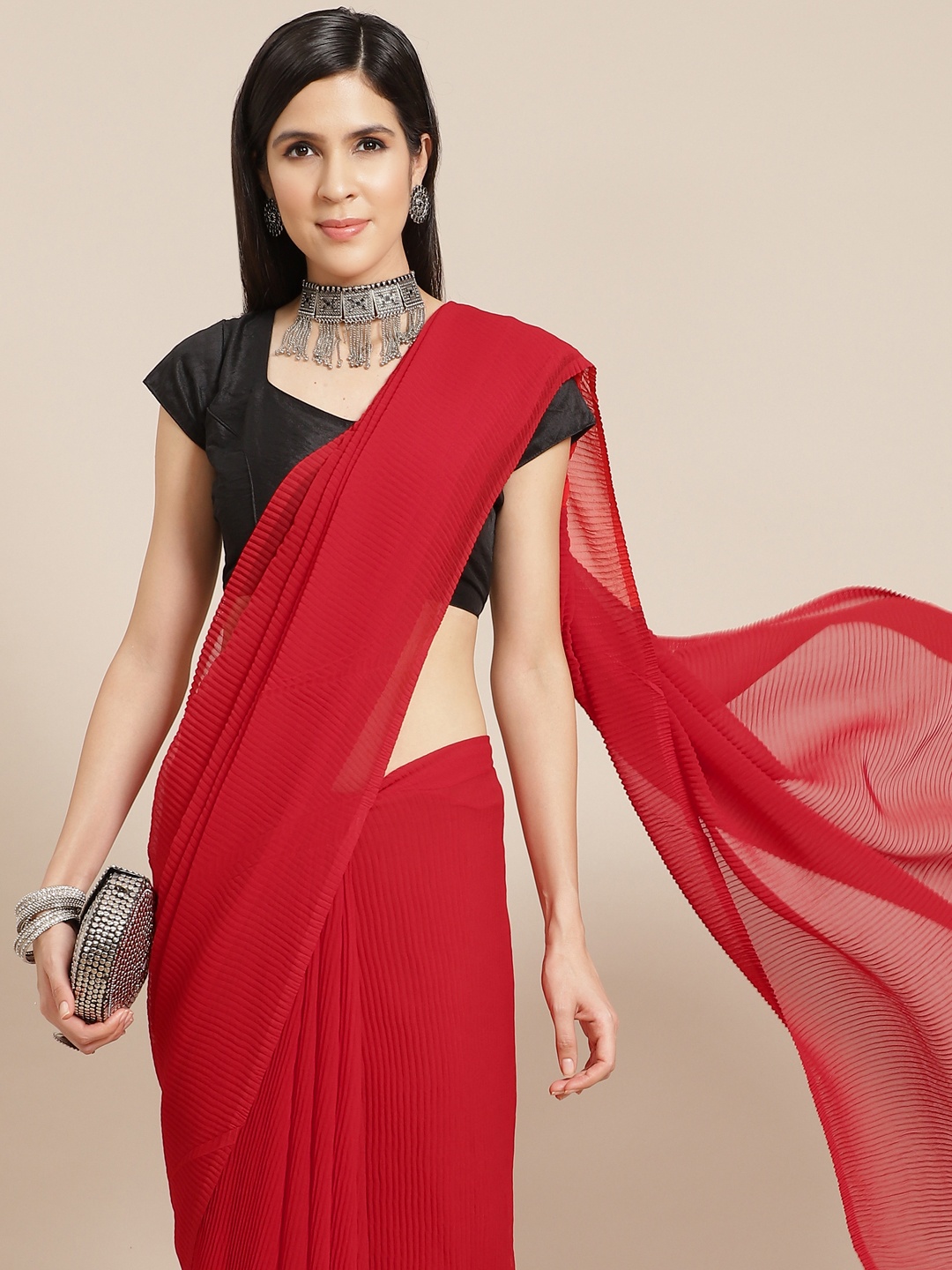 

Anouk Red Solid Accordion Pleated Saree