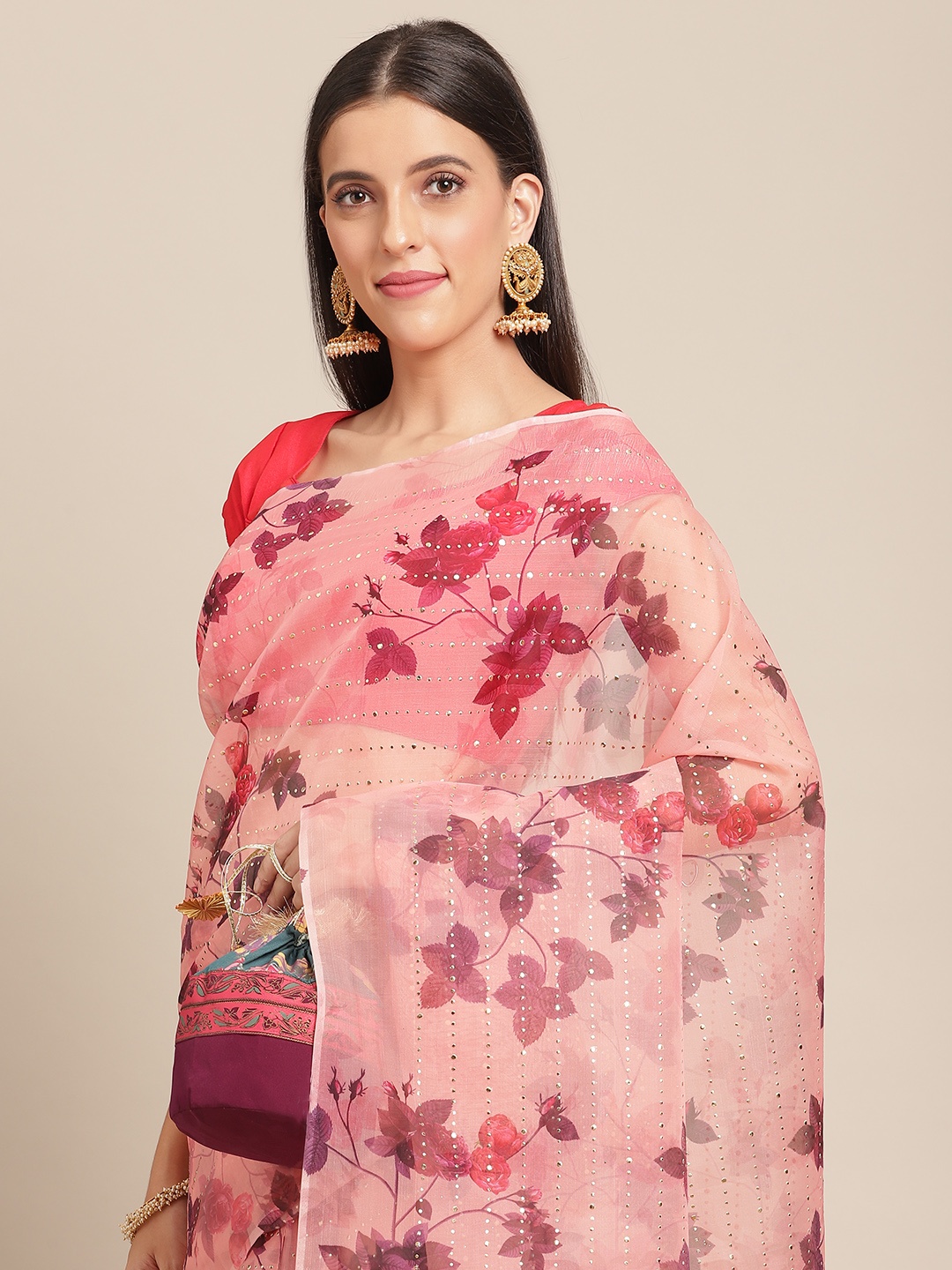 

Anouk Peach-Coloured & Maroon Floral Print Organza Saree