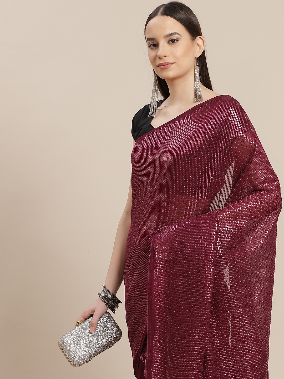 

Anouk Maroon Ethnic Motifs Embroidered Saree