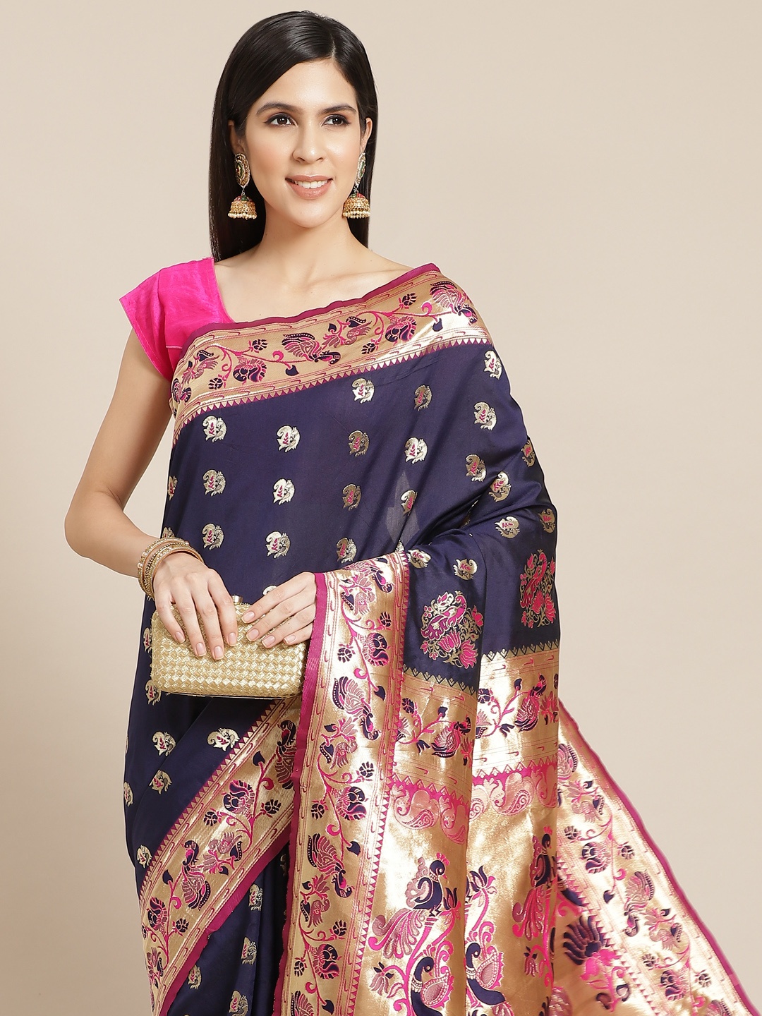 

Anouk Navy Blue & Golden Paisley Woven Design Banarasi Saree