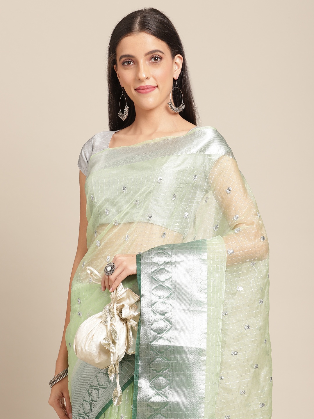 

Anouk Green & Silver Checked Sequinned Organza Saree
