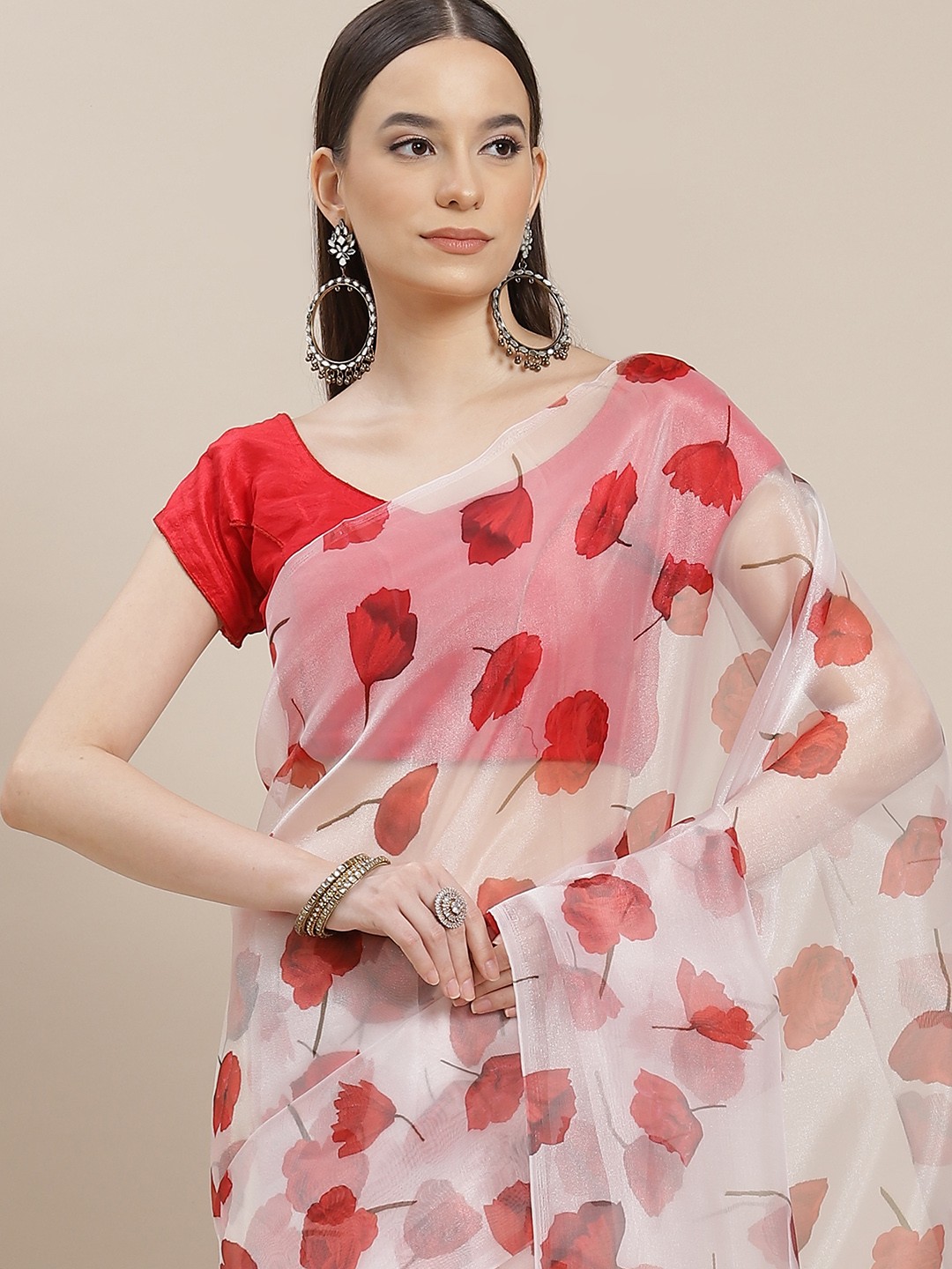 

Anouk Off White & Red Floral Print Organza Saree
