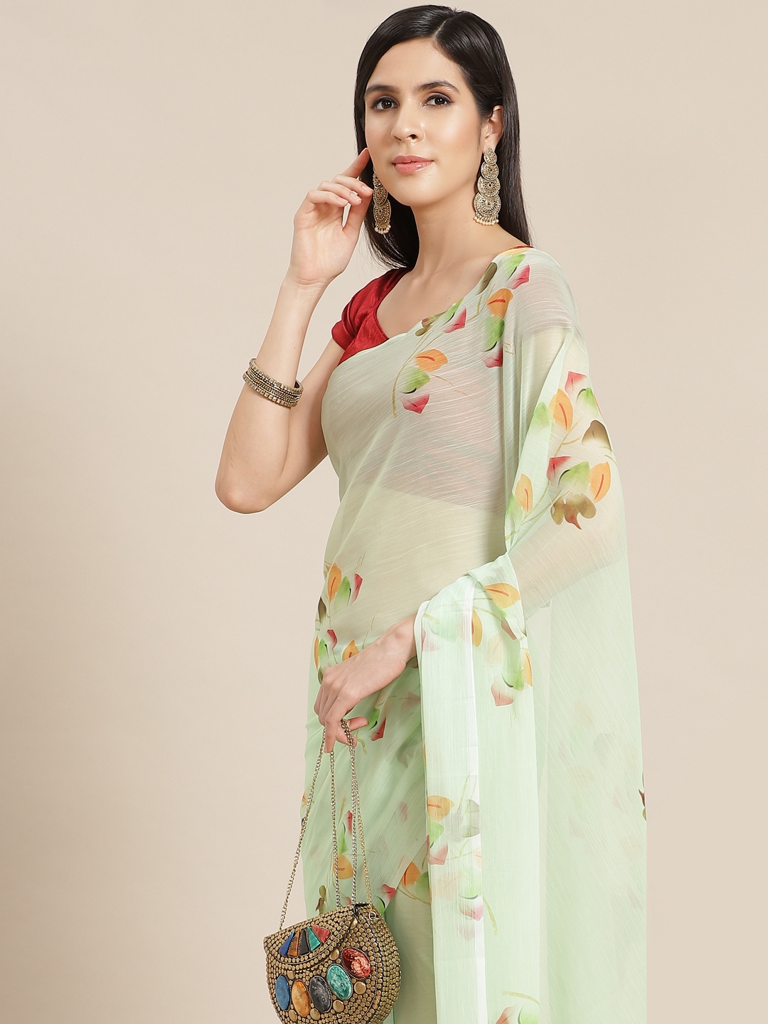 

Anouk Green & Yellow Floral Print Pure Chiffon Saree