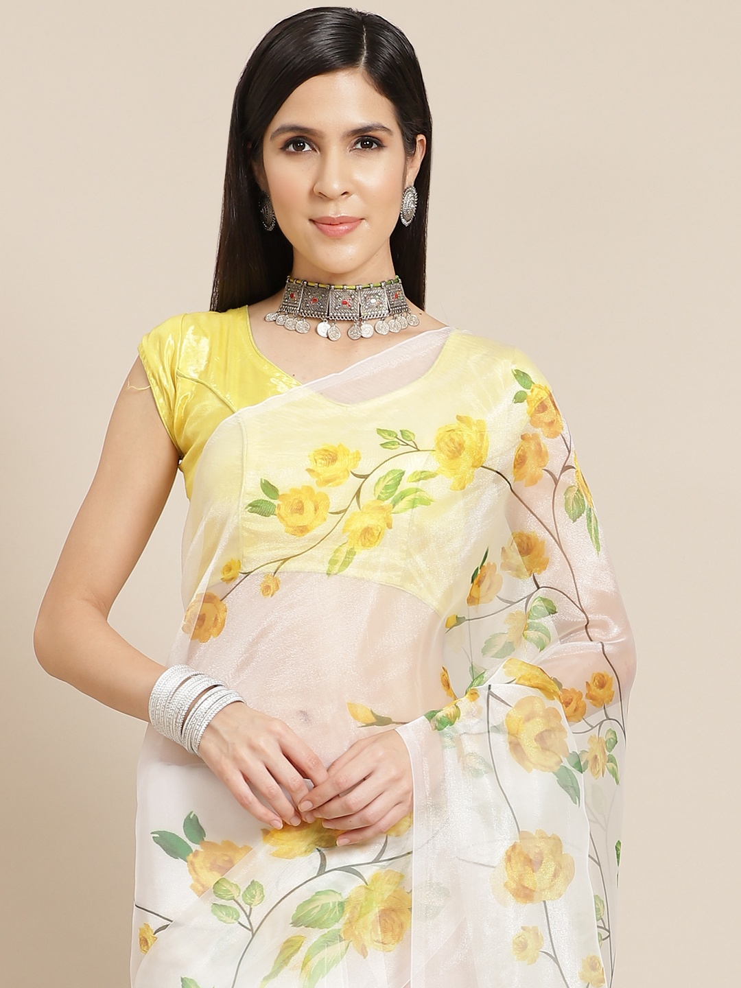 

Anouk White & Yellow Floral Print Organza Saree