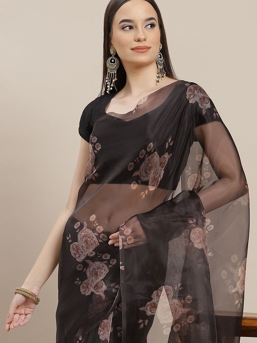 

Anouk Black & Pink Floral Organza Saree
