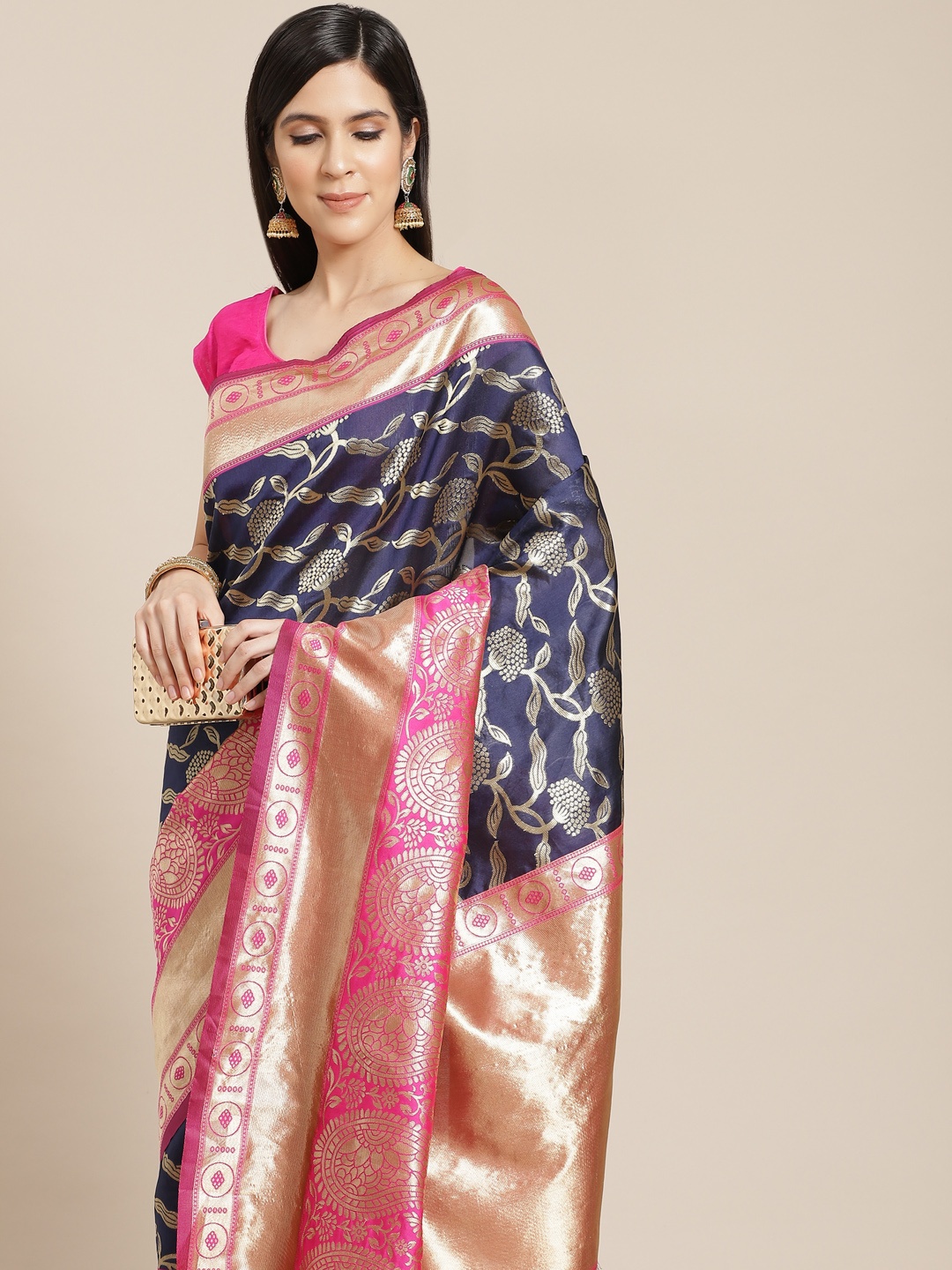 

Anouk Navy Blue & Golden Ethnic Motifs Woven Design Banarasi Saree