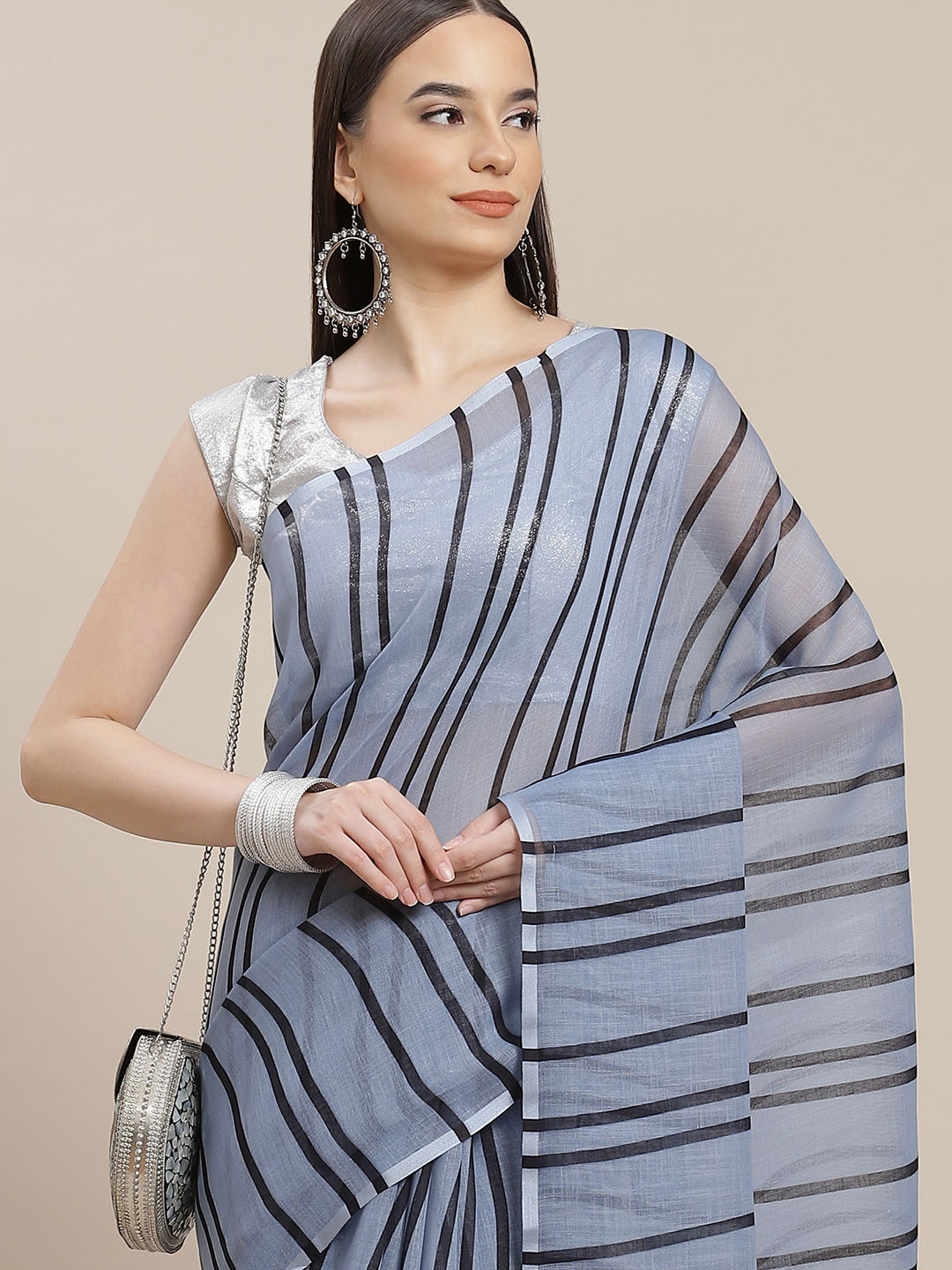 

Anouk Grey & Black Striped Saree