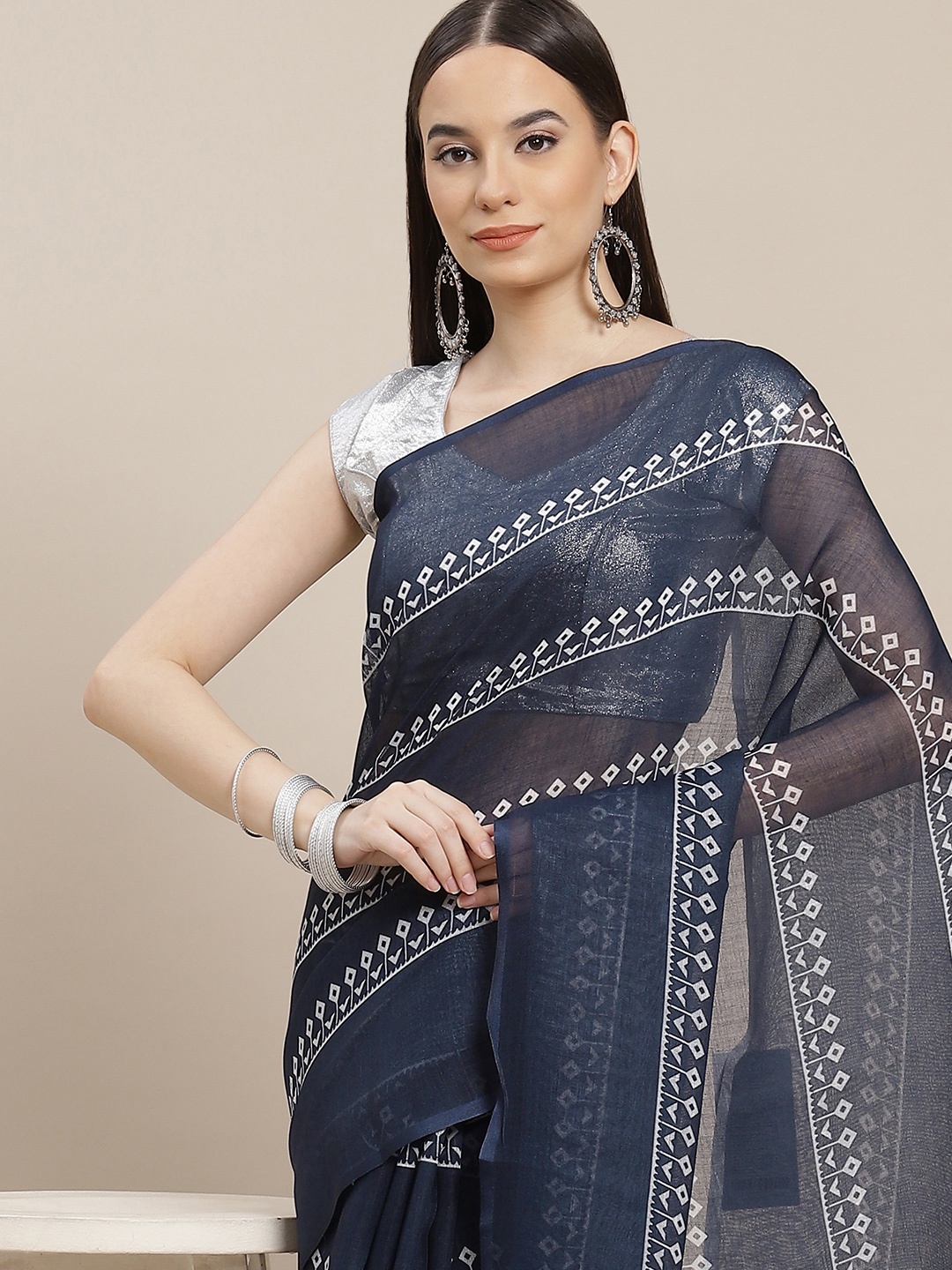 

Anouk Navy Blue & White Striped Saree