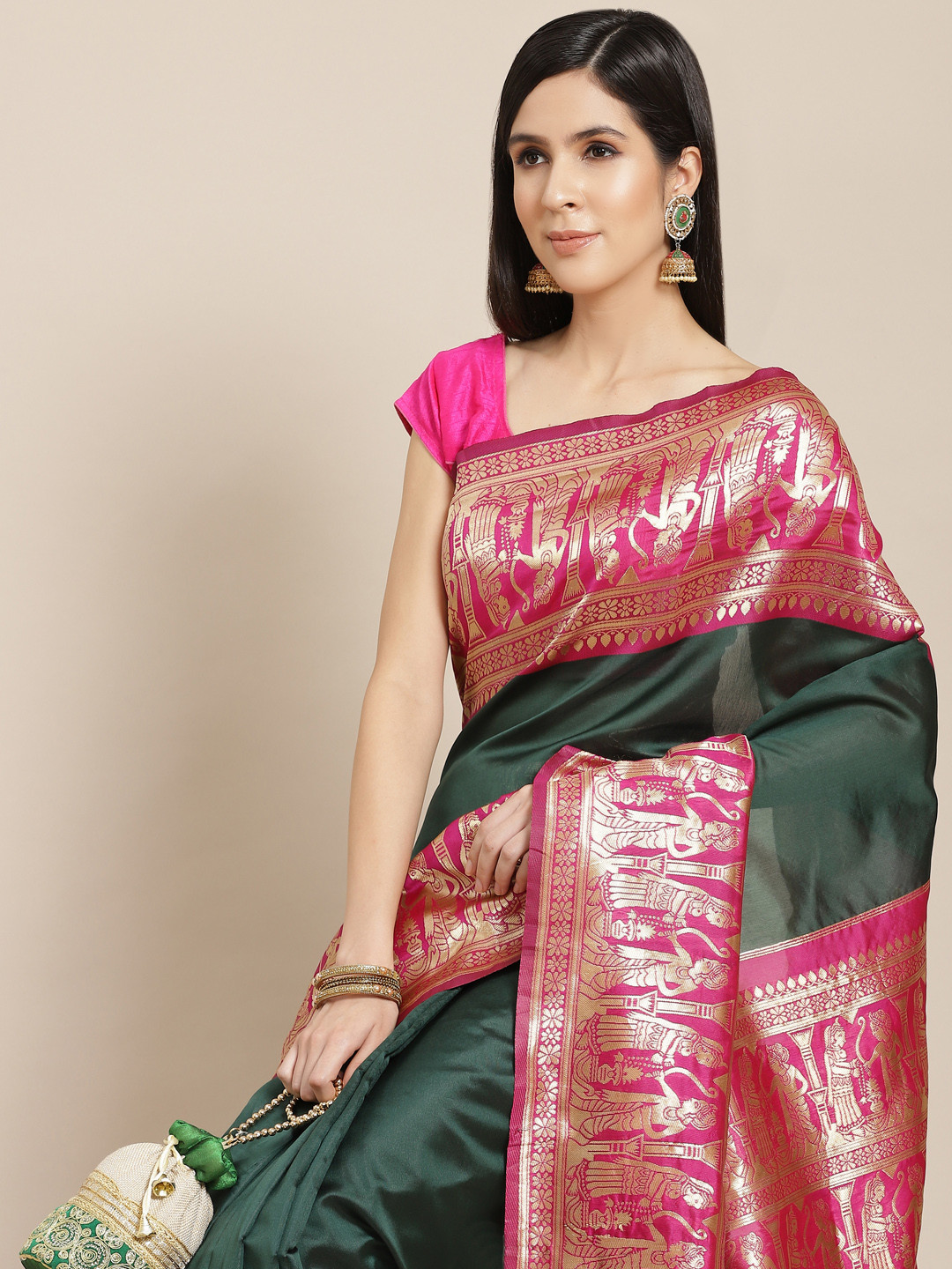 

Anouk Green Solid Banarasi Saree