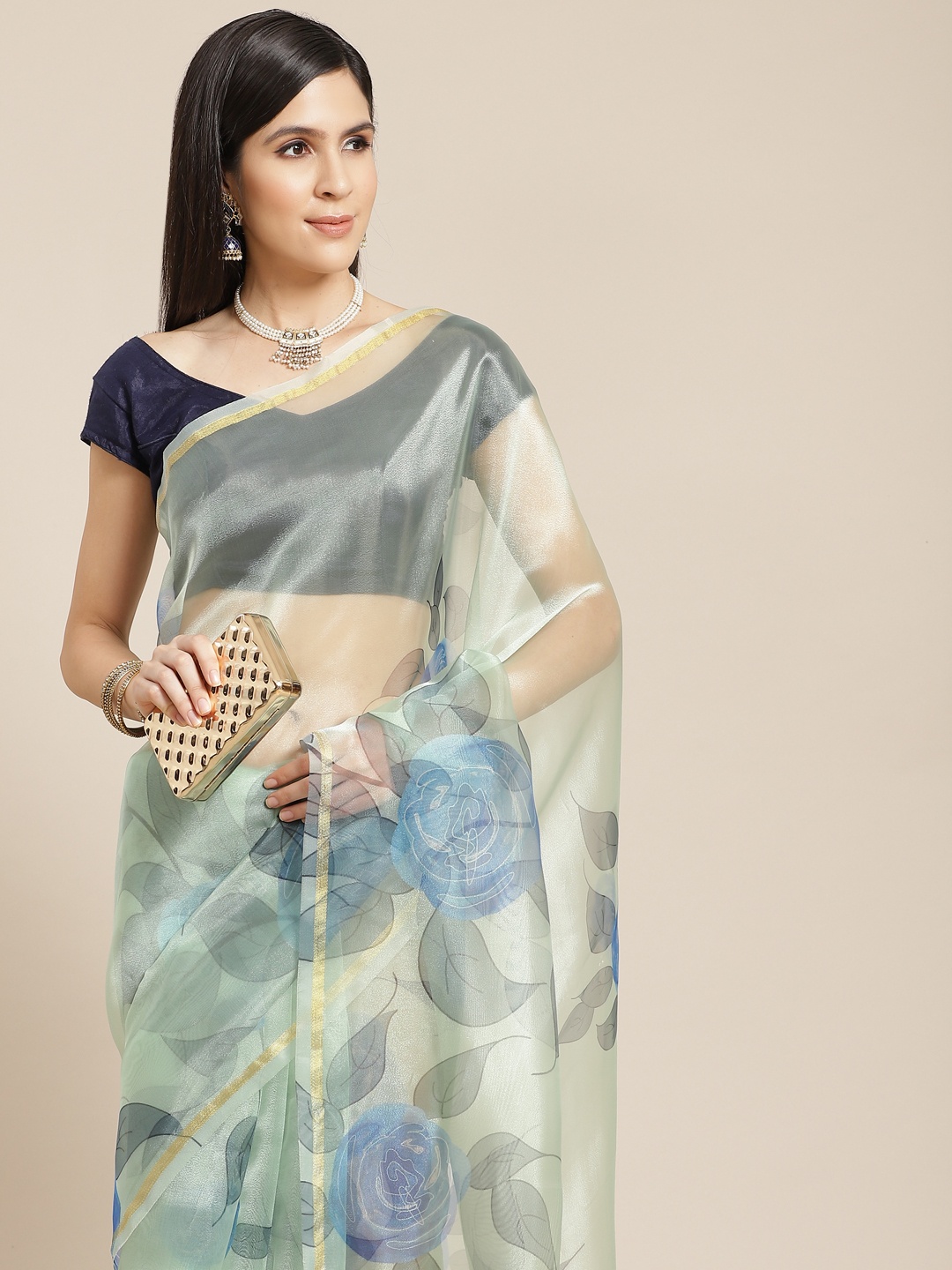 

Anouk Sea Green & Navy Blue Floral Printed Organza Saree