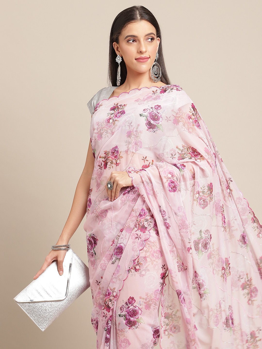 

Anouk Pink Floral Print Saree with Beads & Stones