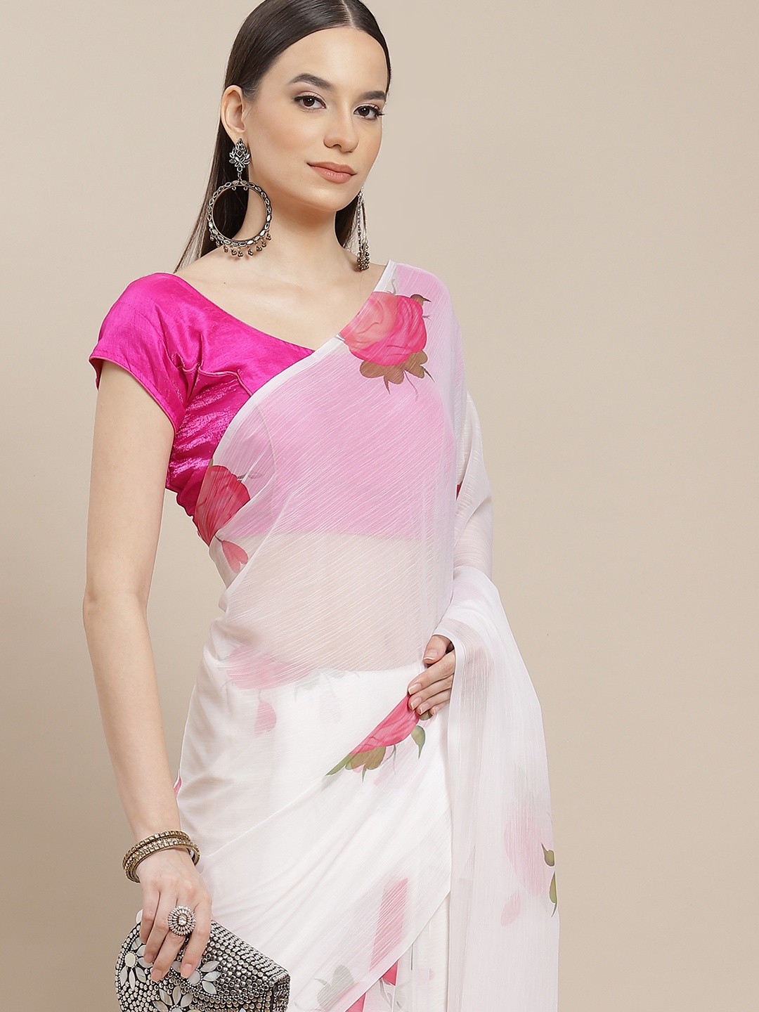 

Anouk White & Pink Floral Printed Saree
