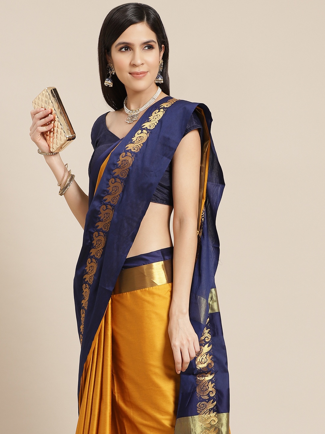 

Anouk Navy Blue & Mustard Yellow Banarasi Saree