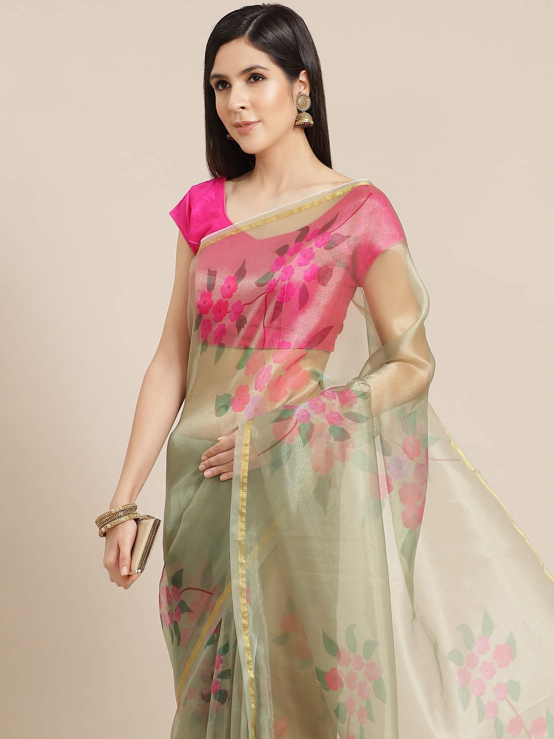 

Anouk Olive Green & Pink Floral Print Organza Saree