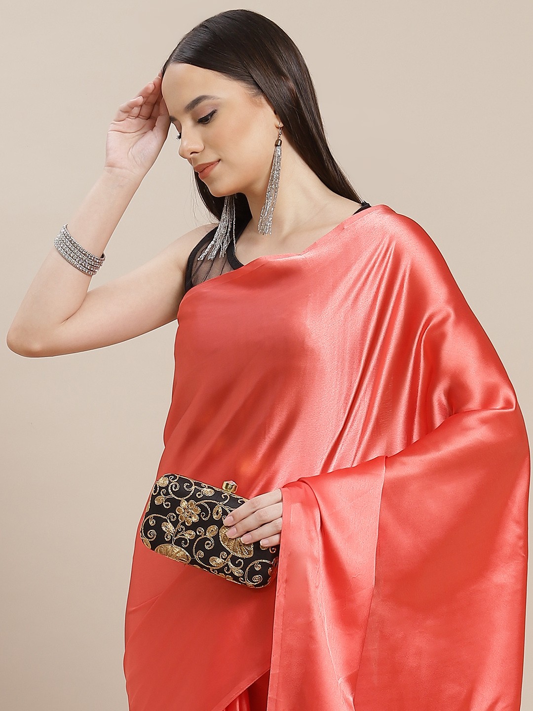 

Anouk Coral Pink Satin Saree