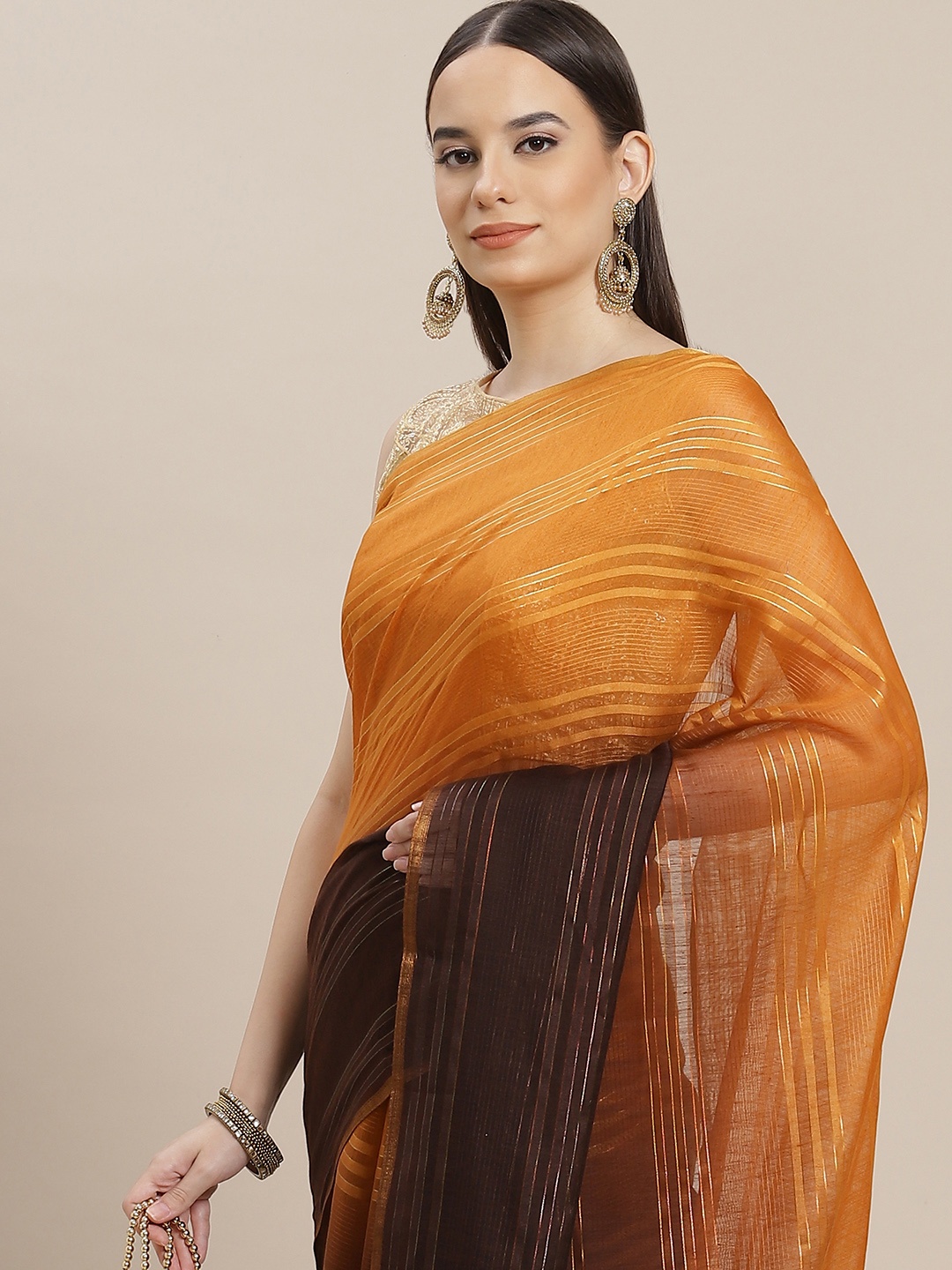 

Anouk Orange & Brown Ombre Striped Saree