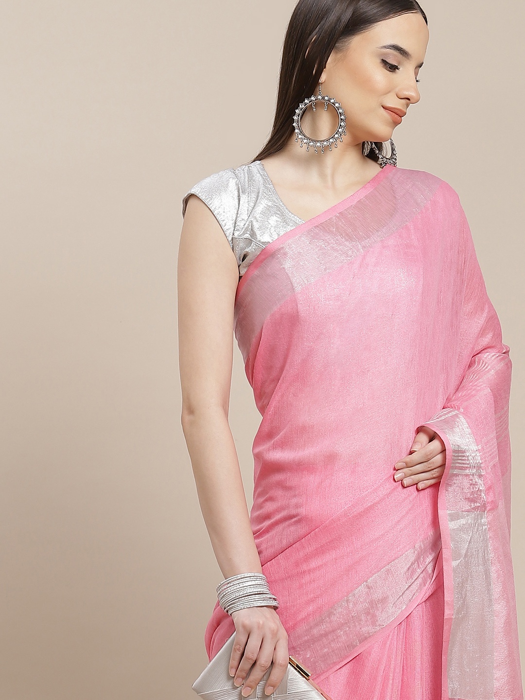 

Anouk Pink & Silver Linen Blend Saree