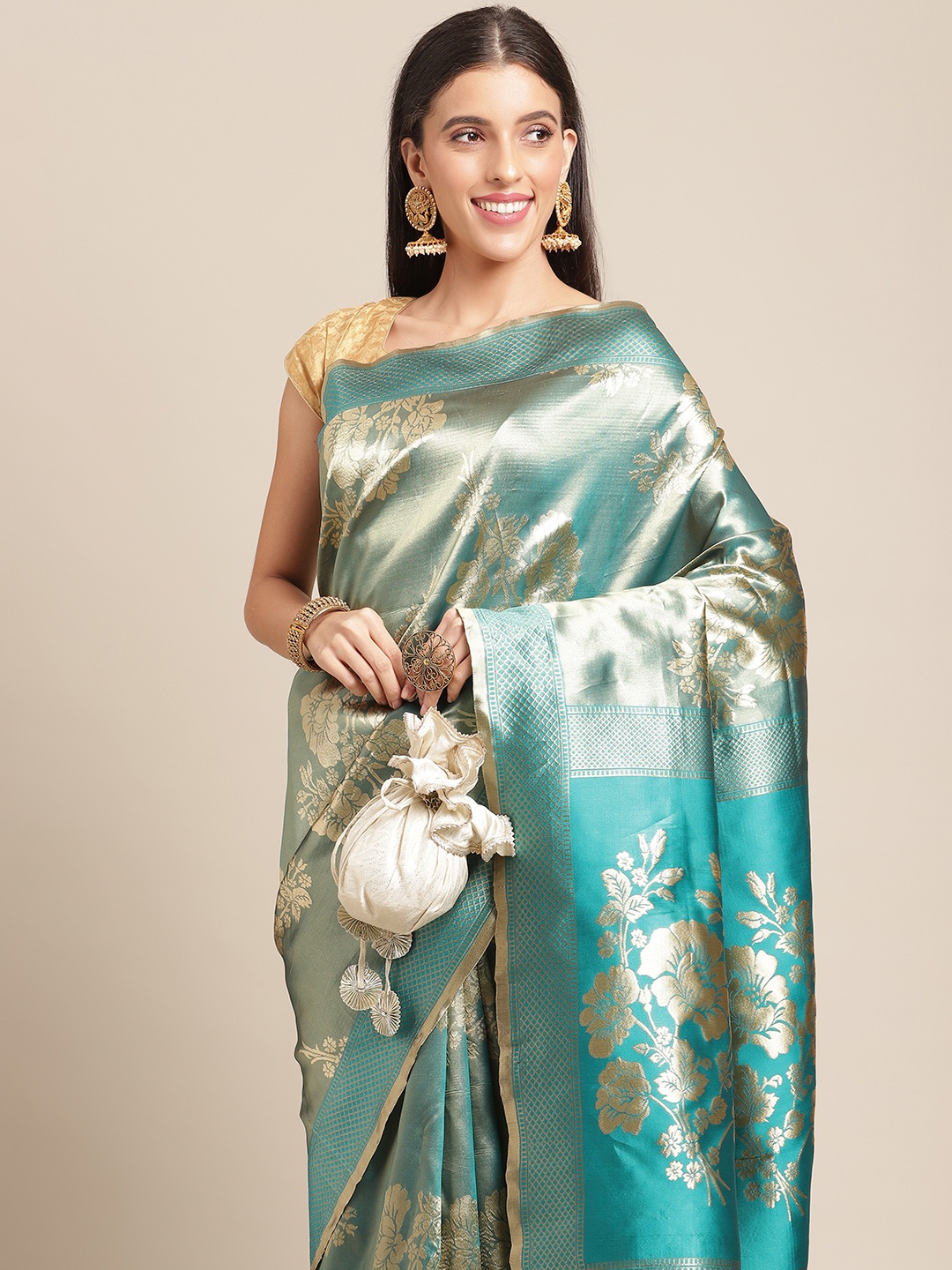 

Anouk Teal Green& Golden Ethnic Motifs Woven Design Silk Blend Banarasi Saree