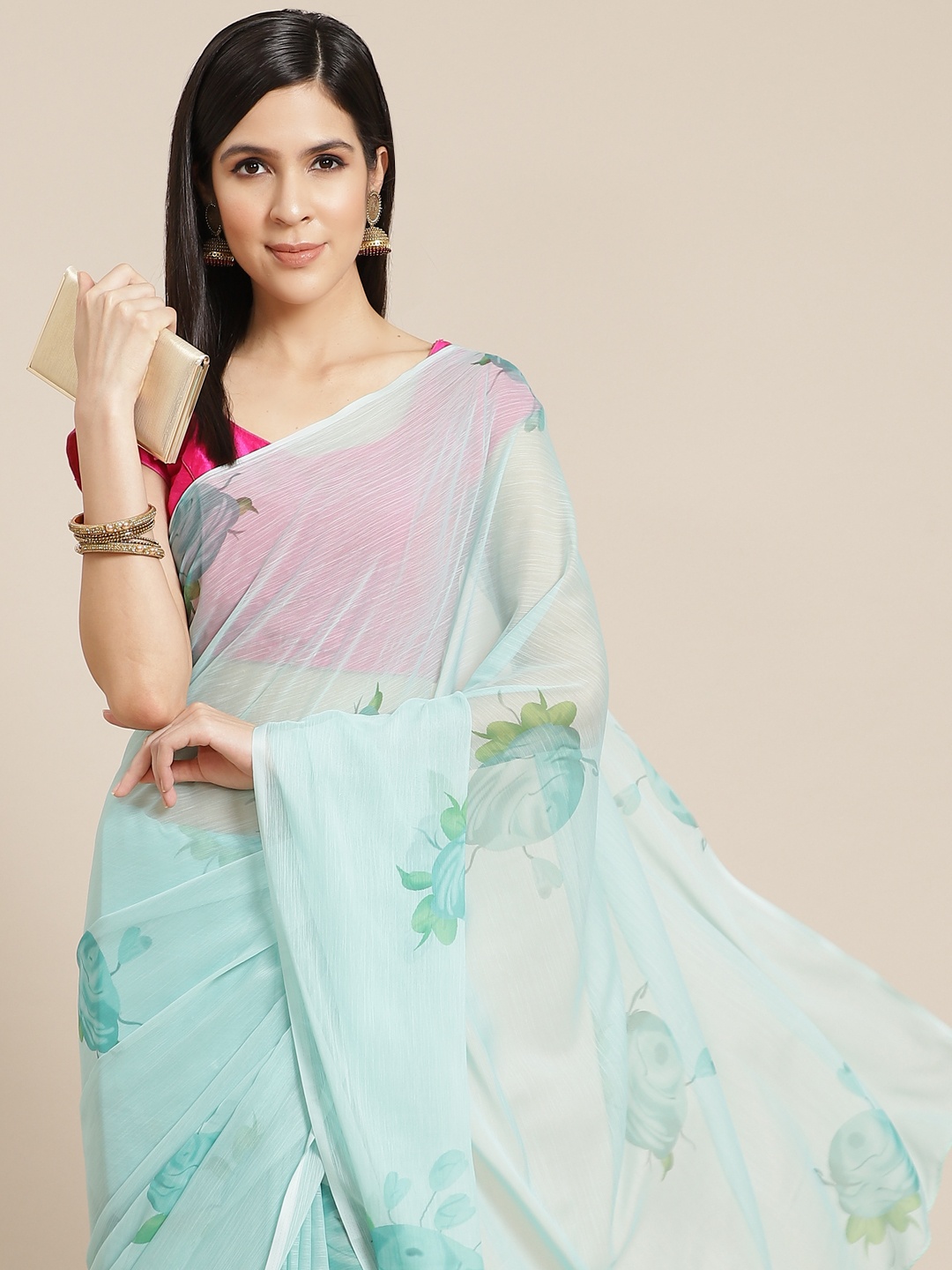 

Anouk Sea Green Floral Print Pure Chiffon Saree