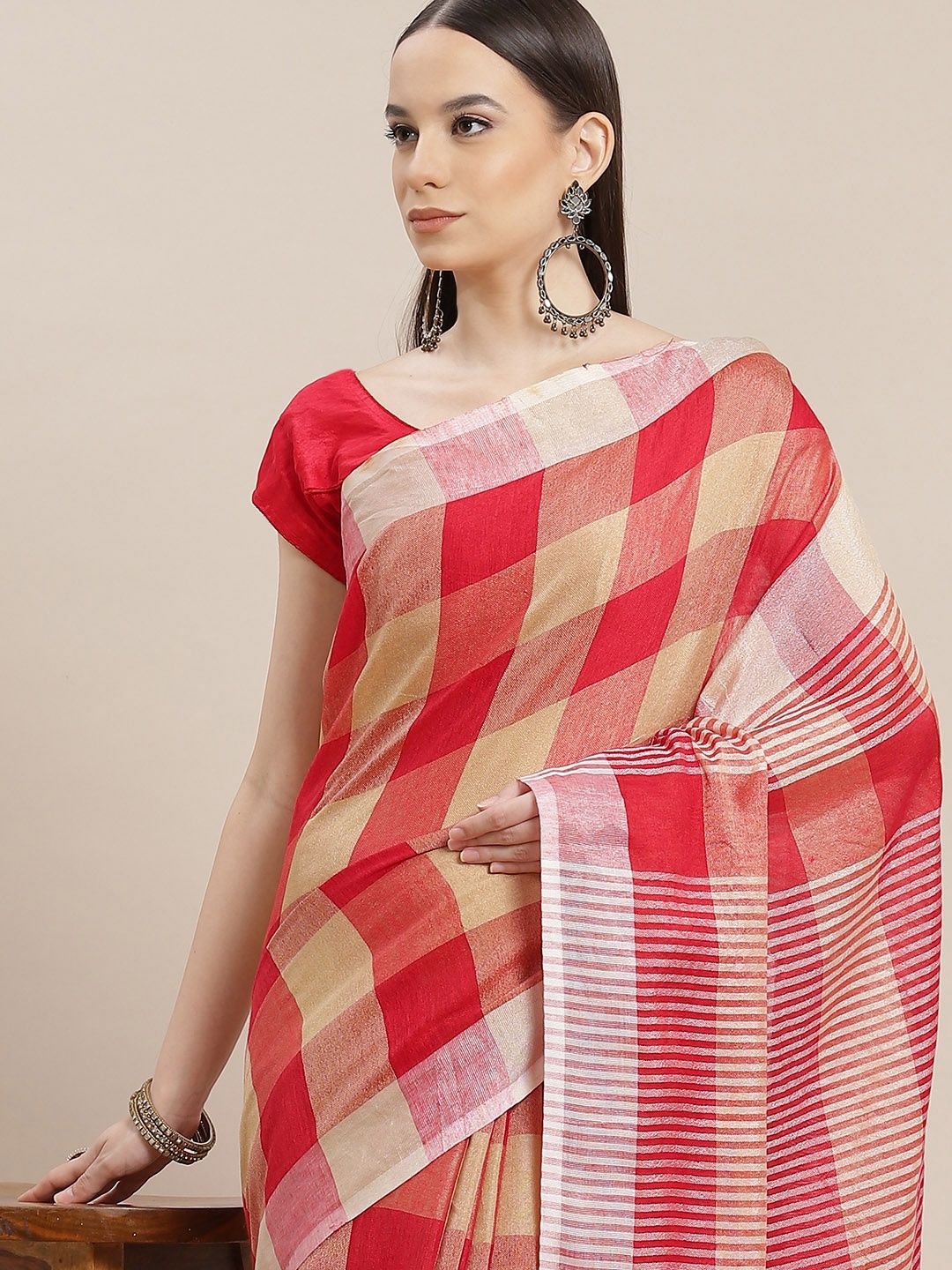 

Anouk Red & Beige Checked Saree