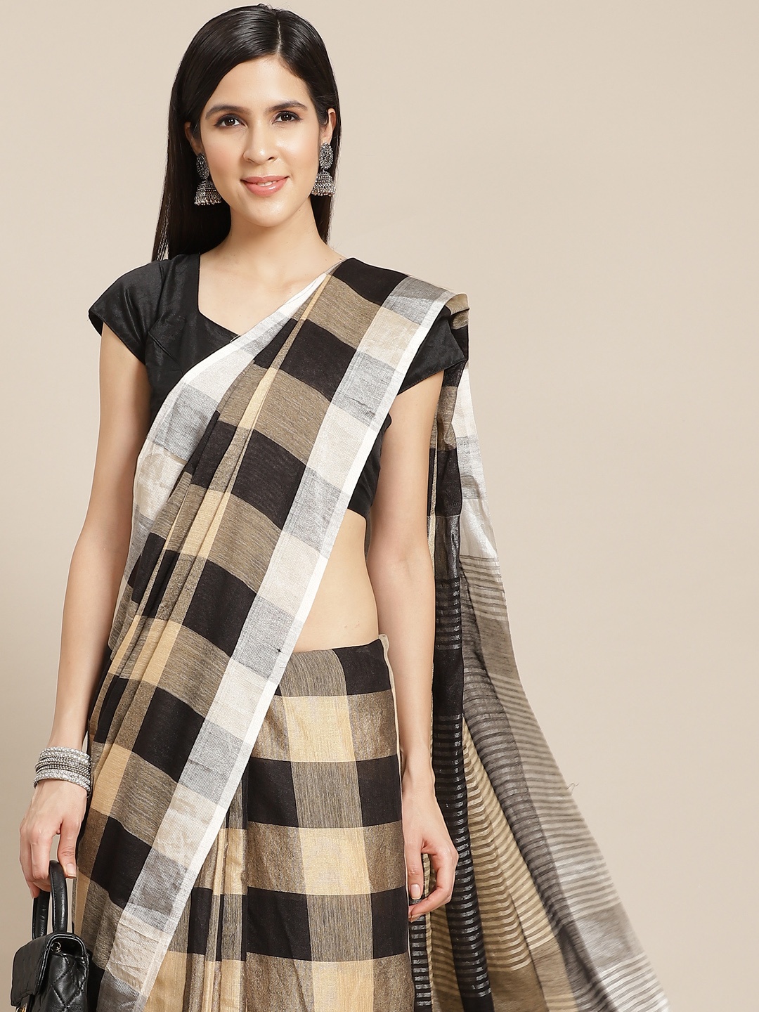 

Anouk Black & Beige Checked Saree