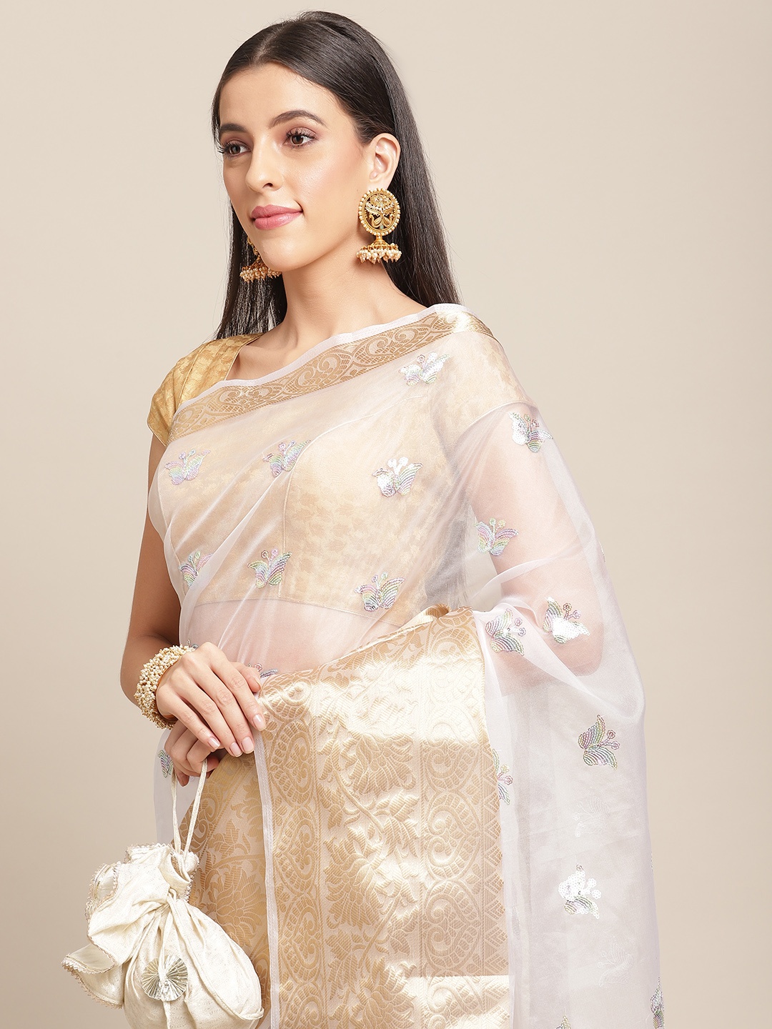 

Anouk White & Golden Sequinned Organza Saree