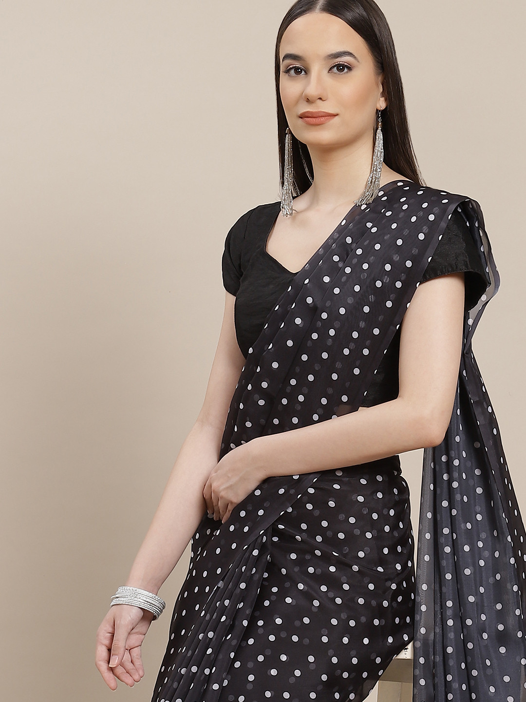 

Anouk Black & White Silk Blend Saree