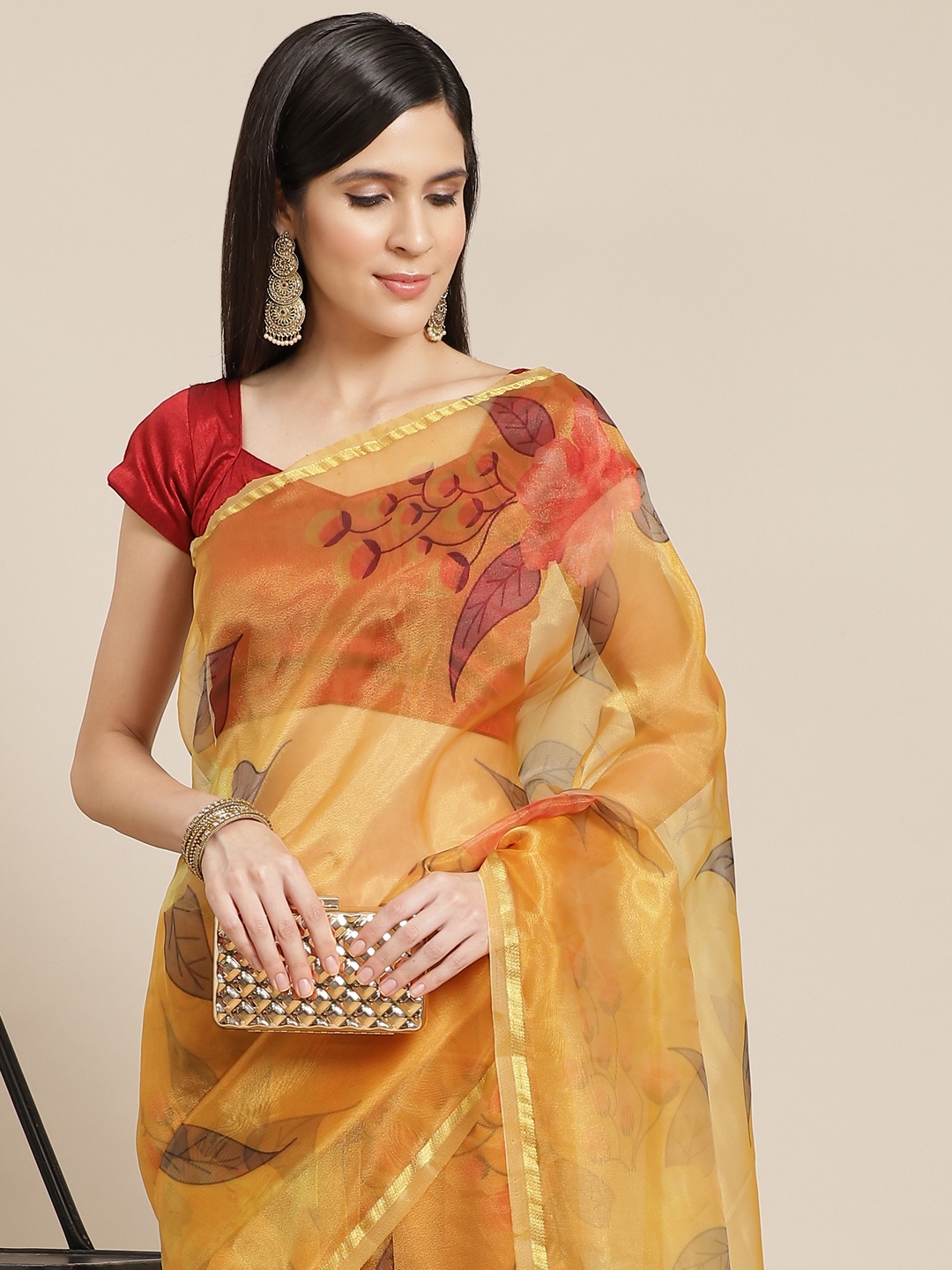 

Anouk Mustard Yellow & Maroon Floral Printed Organza Saree
