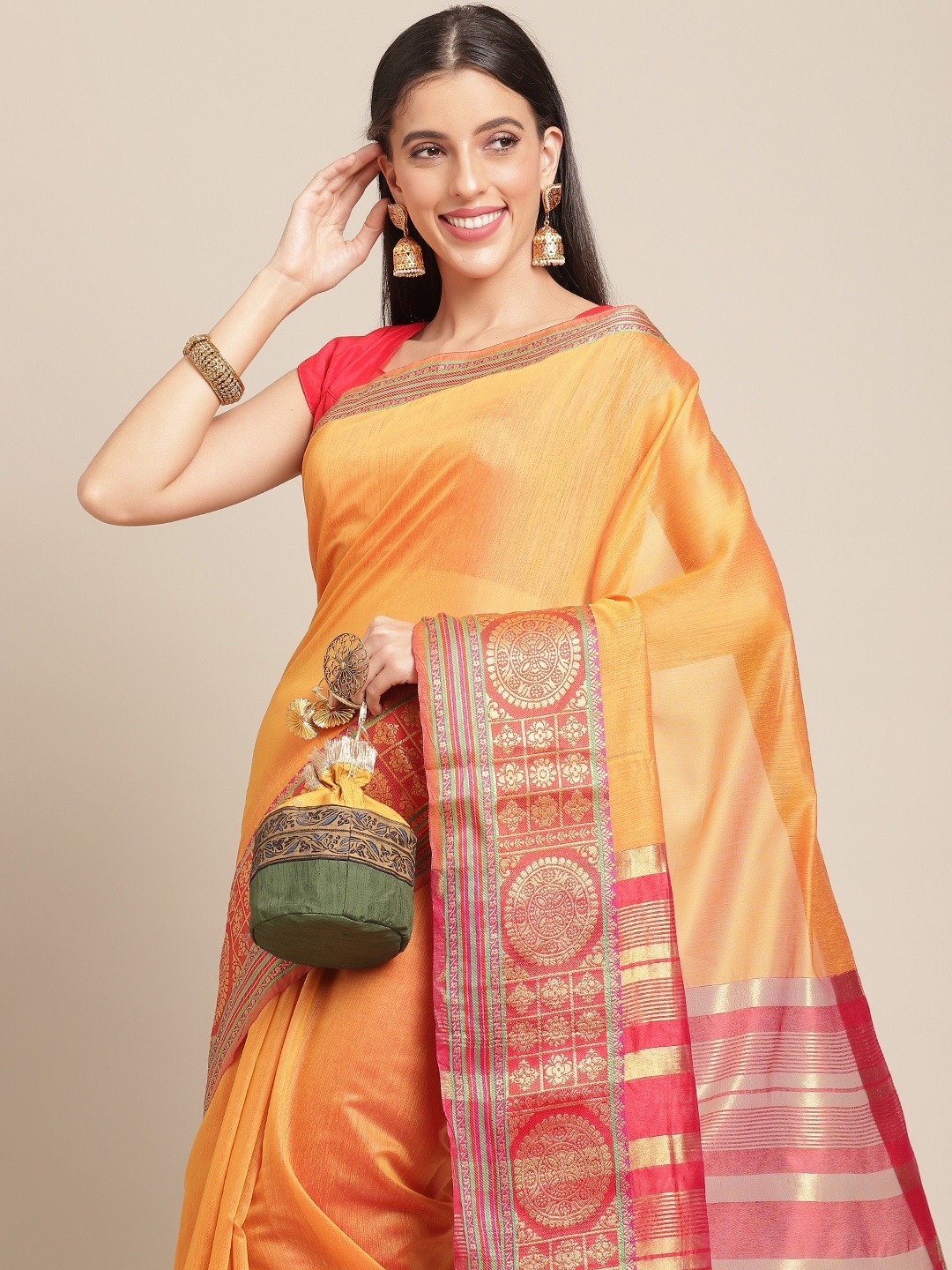 

Anouk Orange Solid Silk Blend Banarasi Saree