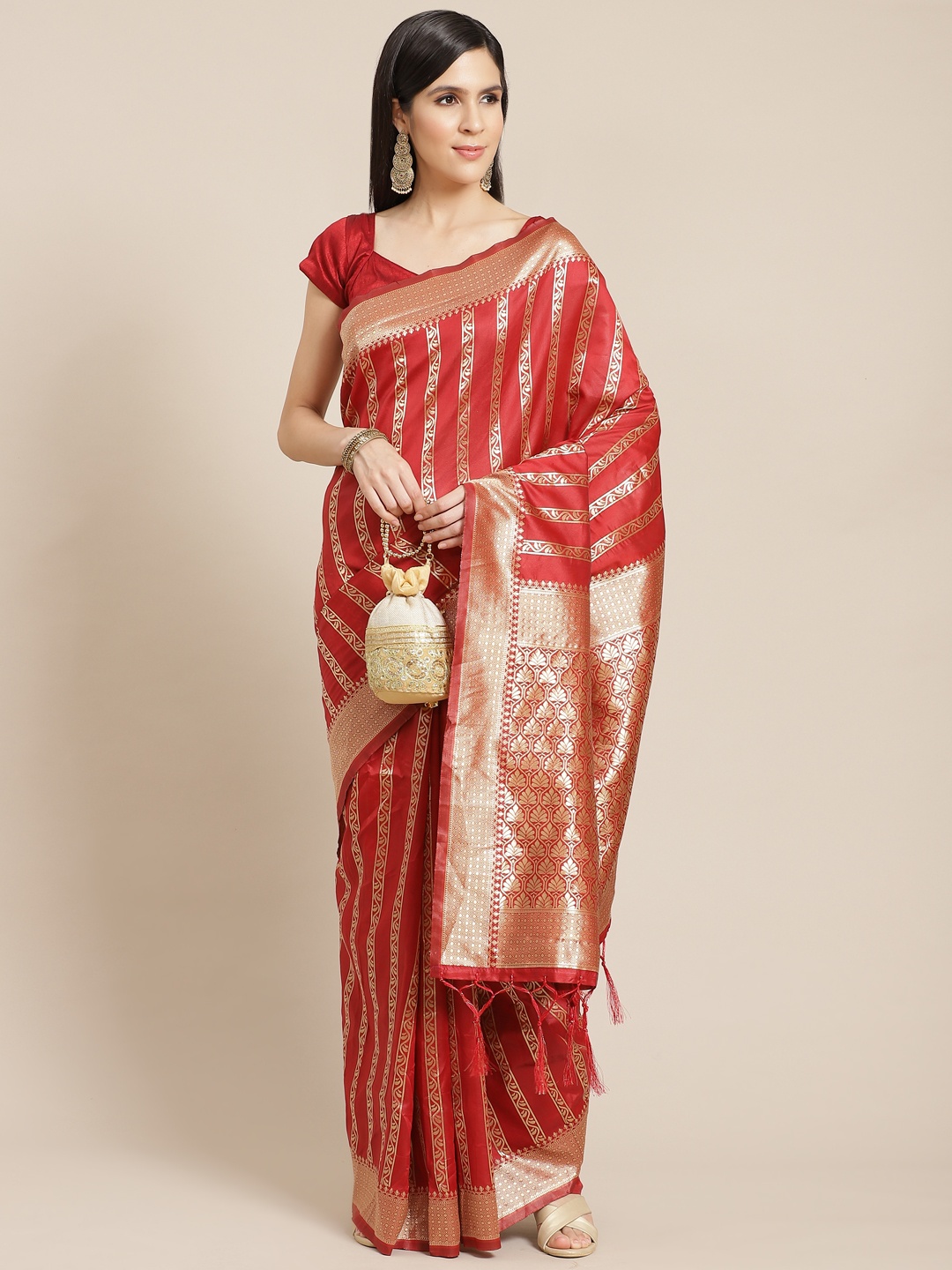 

Anouk Red & Golden Woven Striped Banarasi Traditional Saree